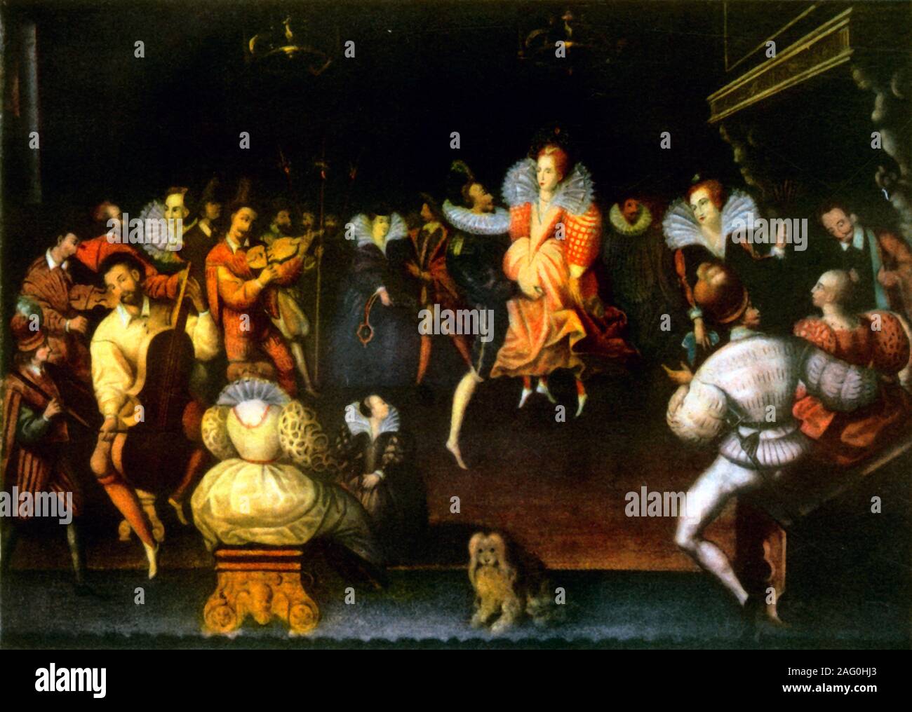 'Queen Elizabeth Tanzen mit der Graf von Leicester", 1581, (1942). 16. Szene: Königin Elizabeth I. und Robert Dudley, Earl of Leicester Tanz der Volta als Musiker spielen Saiteninstrumente. Sir Philip Sidney sitzt vor dem Kamin. Von "Music", von W. J. Turner. [Collins, London, 1942] Stockfoto