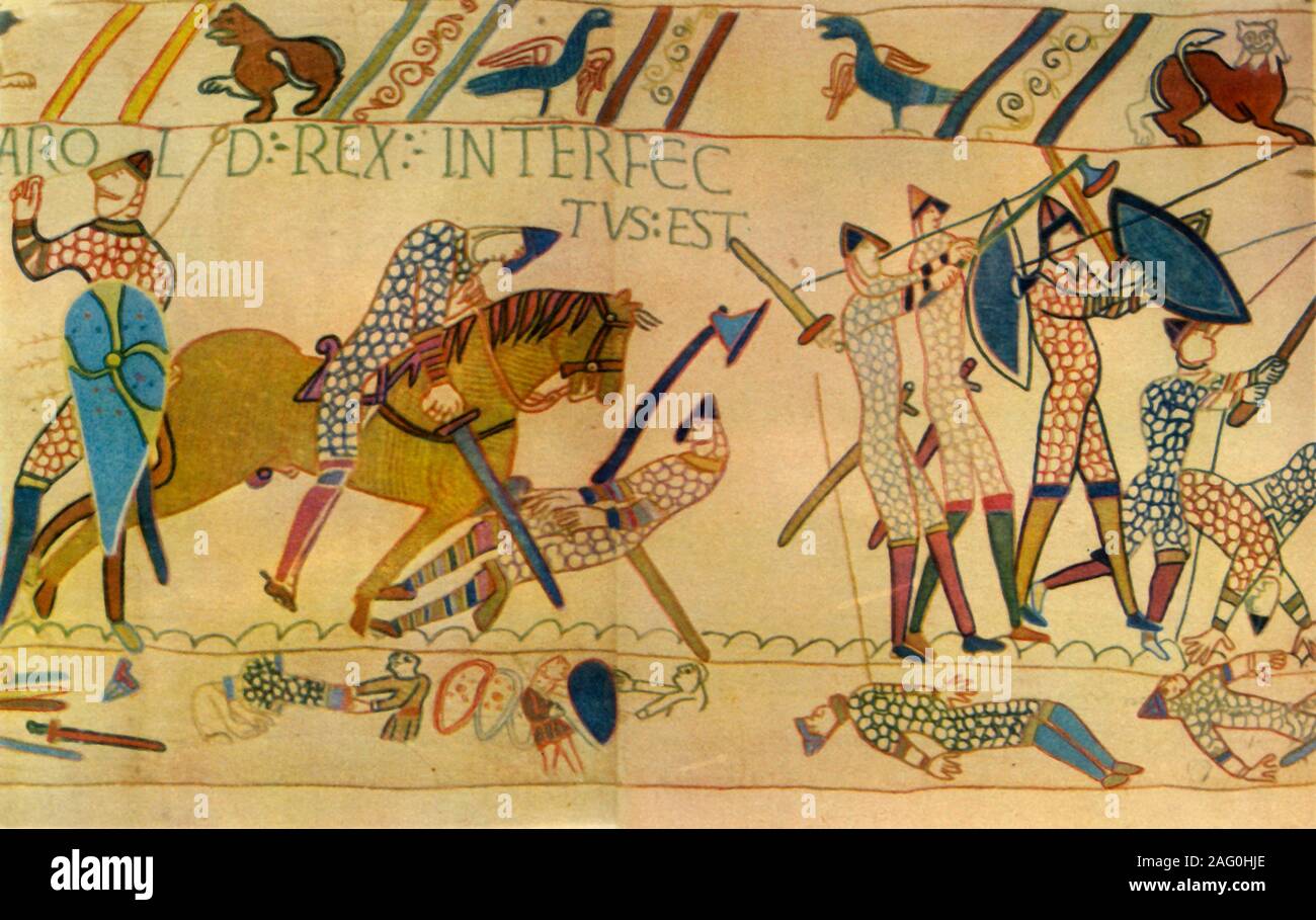 Der Tod von Harold in der Schlacht von Hastings, 1066, (1944). Die lateinischen lautet: "Harold Rex Interfectus Est" - König Harold wird getötet. Englische Truppen unter der Führung von König Harold II. kämpfte gegen die Invasion der Normannen unter Wilhelm I. Es ist vorgeschlagen worden, daß die 'Pfeil im Auge' Konto von Harold's Tod wurde bewusst von den Normannen als Versuch, William's siezure der englischen Krone zu legitimieren erfunden, vom porträtiert Harold als in der LKW-down' von Gott als Strafe für seine Brechen seines Eides zu William. Detail aus der Teppich von Bayeux, der berühmte Stickerei machte ein paar Jahre nach dem Norman Stockfoto
