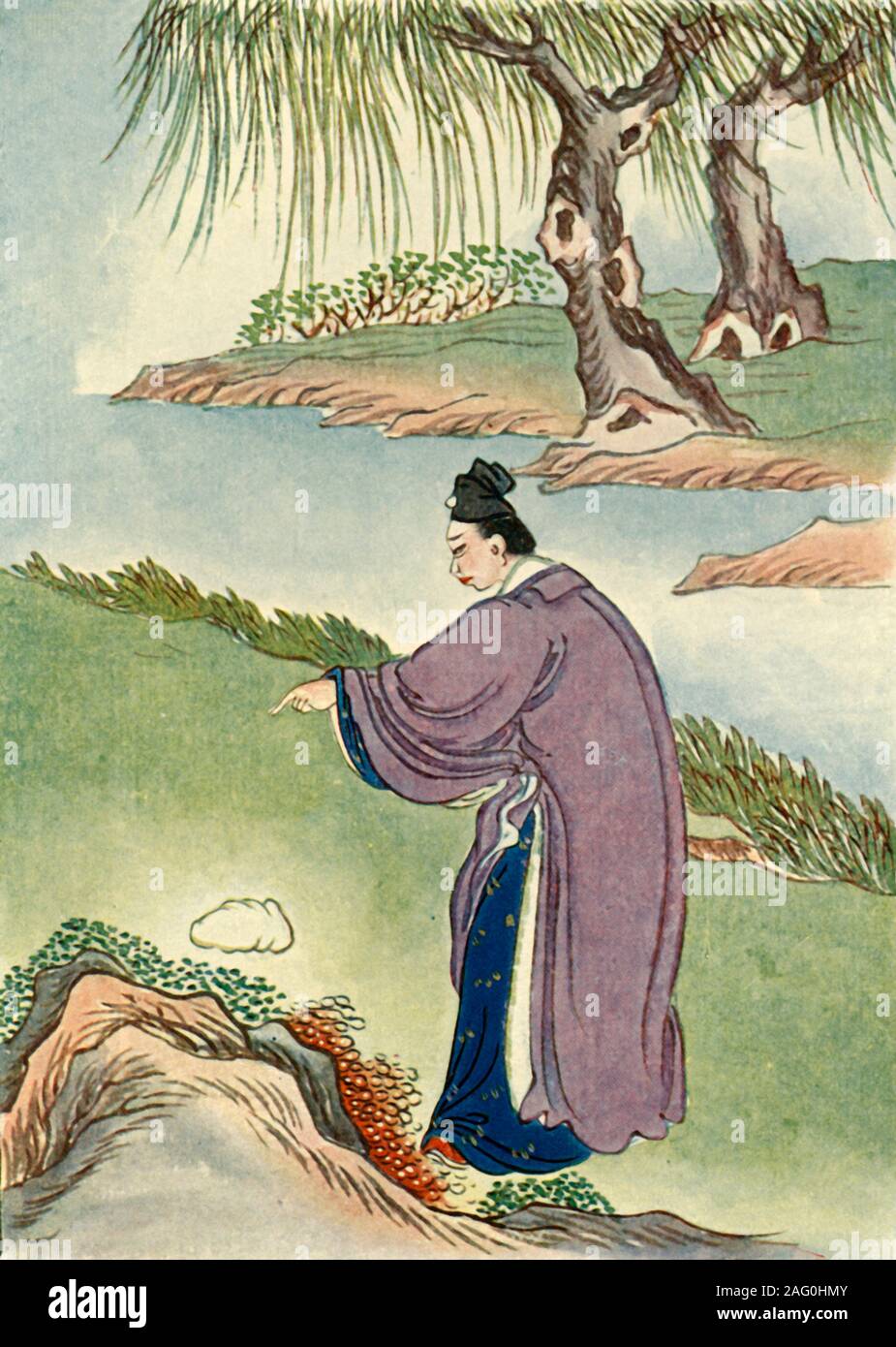 "Chia Tzu-Lung findet den Stein', 1922. Nach der chinesischen Mythologie, ein Gelehrter namens Chia 1176 Herz-Lungen-gelernt, der ein Stein, Ziegel oder Backstein auf Silber machen würde. Von "Mythen und Legenden von China", von E.T.C. Werner. [George G. Harrap &Amp; Co.Ltd., London, Kalkutta, Sydney, 1922] Stockfoto