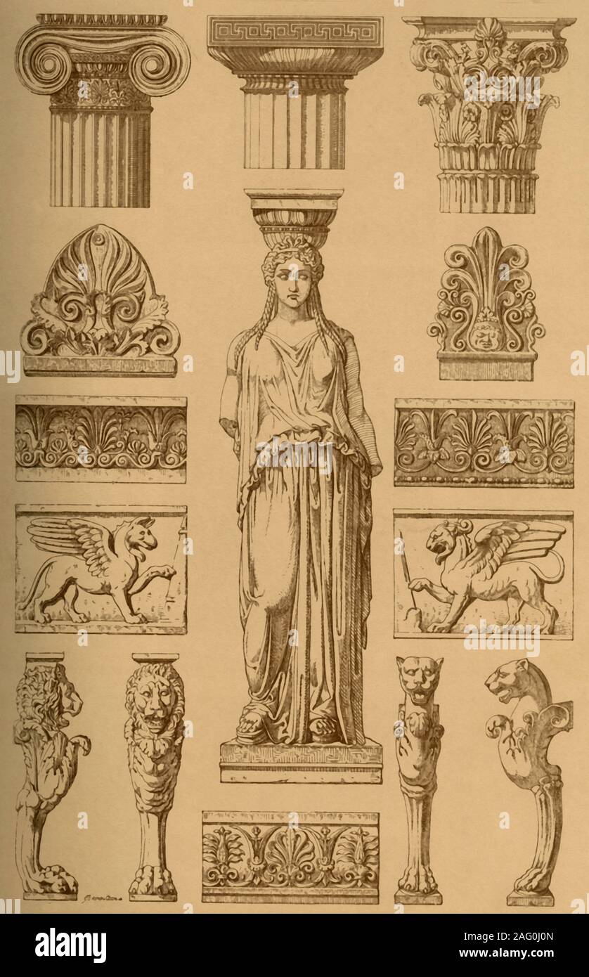 Antike griechische ornamentale Architektur und Skulptur, (1898). "Abb. I. in der Dorischen Hauptstadt von Paestum (mit gemalten Ornamenten). Abb. 2: Jonic [Ionische] Kapital aus dem Erechtheium] [Erechtheion auf der Akropolis von Athen. Abb. 3: Korinthische Kapital aus dem Choragic Denkmal der Lysicrates in Athen. Abb. 4: Caryatide vom Erechtheium. Abb. 5 und 6: Acroteria von Stelen (großherzogliche Spalten), Paris. Abb. 7-9: Anthemia - Dekorationen. Abb. 10 und 11: Greife. Fragmente von friert. Abb. 12. und 13. Beine von Marmor - Tabellen im Nationalmuseum in Neapel. Abb. 15 und 16: Beine von Marmor - Tabellen in der Nation Stockfoto