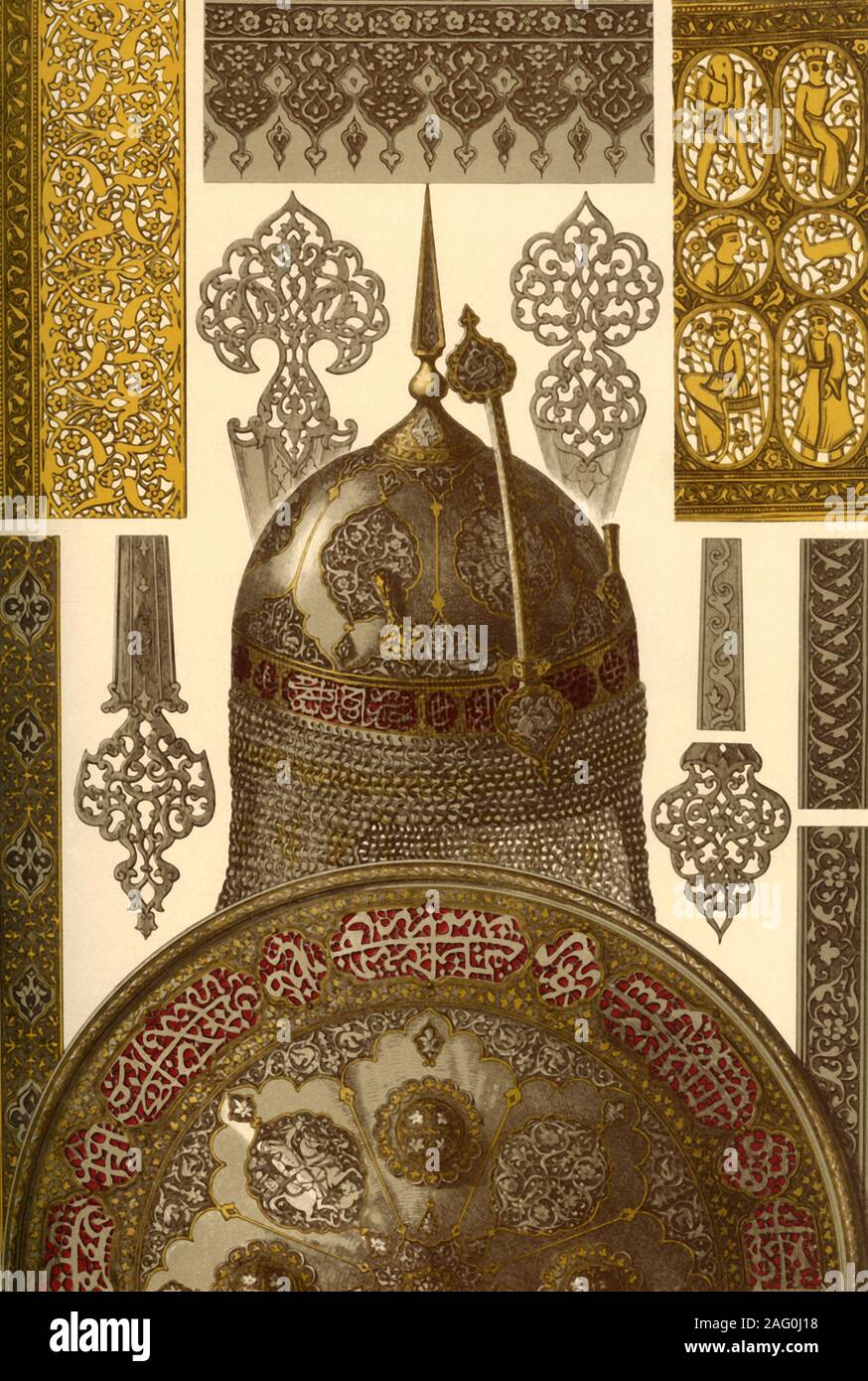Persische metawork, (1898). Beispiele für Gegenstände aus Metall mit damascened Designs einschließlich arabischen Inschriften: "Abb. 1 und 2: Helm [HELM] mit Schirm. Abb. 3: Grenze von einem Anker. Abb. 4-8: Dekorationen auf metallischen Behältern. Abb. 9-12: Portionen essen - Utensilien. Abb. 1-8 nach originalen Objekten aus der Königlichen "Landesgewerbemuseum" in Stuttgart ... In allen Altersgruppen Waffen, Anker und metallischen Behältern der persischen Ursprungs waren hoch im Osten geschätzt als auch in den westlichen Ländern bis in die Gegenwart. Mit ausgezeichneten Damaszener dekoriert oder schön geprägt, sie ex Stockfoto