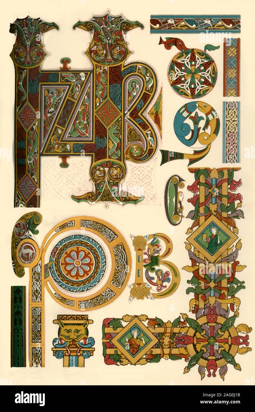 Celtic illuminierte Handschriften, (1898). Der Schriftzug oben links ist von der Lindisfarne Gospels, wahrscheinlich c 715-720 AD im Kloster Lindisfarne, Northumberland produziert, und jetzt in der British Library, London. "Abb. 1-5: 7. Abb. 6 und 7: 8. Abb. 9-11: 10. Jahrhundert. Abb. 12: 11. Jahrhundert ... für Celtic interlacing arbeiten, entweder füllen sich die freien Flächen der Buchstaben oder an der Grenze der eigenen Seiten, der Gliedmaßen oder Organe der Schlangen, Vögel, Hunde und phantastische Tiere beschäftigt waren ... Gelegentlich die menschliche Figur auftritt, in der Erwägung, dass die pflanzlichen Ornament ist ganz wollen. Stockfoto