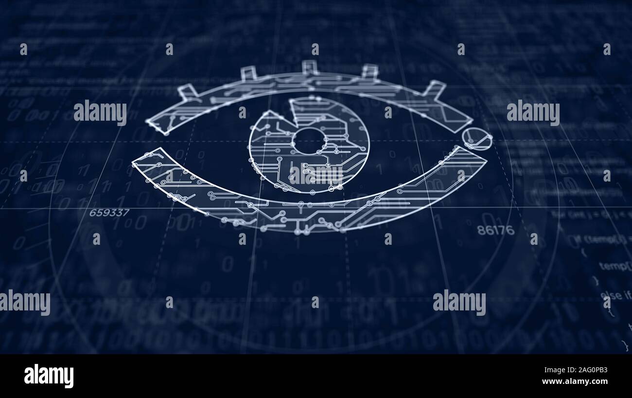 Cyber Spionage mit Auge symbol Projekt erstellen. Abstrakte Konzept der Überwachung, cyber Spionage, Hacking und Verletzung der Privatsphäre 3d-Abbildung. Drawi Stockfoto
