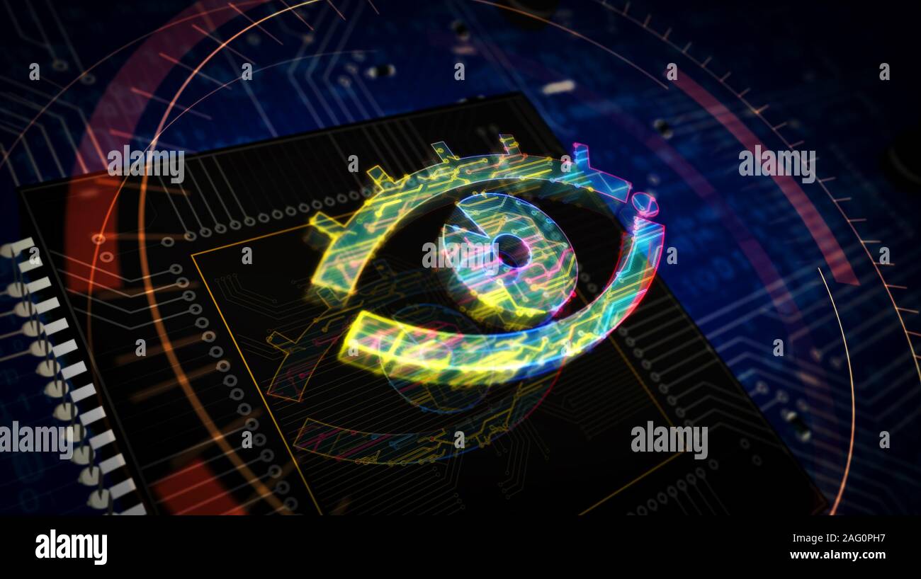Cyber Spionage mit Auge Symbol futuristische 3D Rendering Illustration. Konzept der Überwachung, der cyber Spionage, Hacking und Verletzung der Privatsphäre. Zusammenfassung d Stockfoto