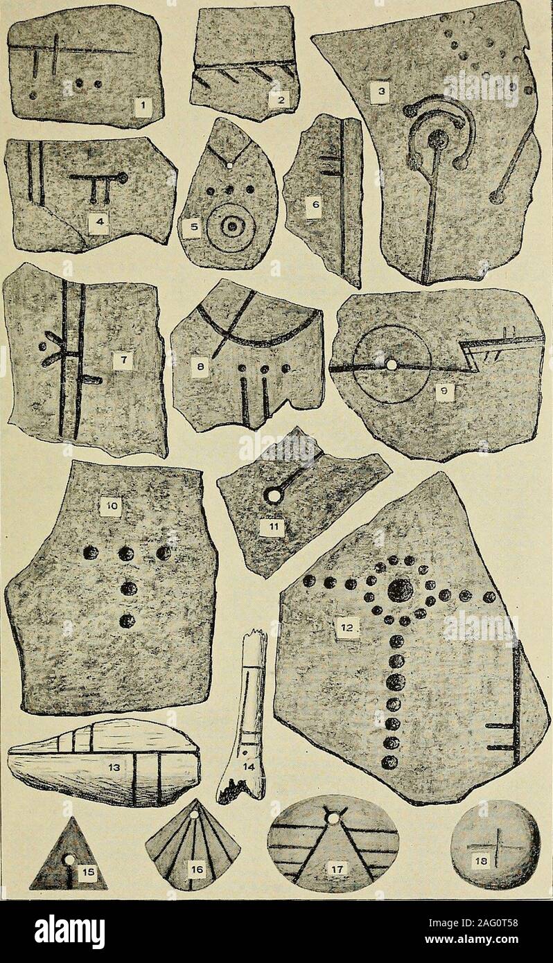 . Archaeology und falsche Antiquitäten. über die Merkmale von zwei oder drei verschiedenen Größen, so dass manycorresponding auf eine Größe und so viele andere. Thestiffness der Linien und Kreise erinnert mehr ofruler und Kompass als Der freehand Arbeiten von pre-historischen Künstler. Die Muster sind beispiellos für seltsame Kombinationen von Kunst. Für ex-reichlich. Nr. 9, Platte XVI., sieht so aus, als wenn es ein designfor einige moderne Maschinen waren. Die wichtigsten Ornament auf einem anderen Fernlaufwerk Fragment aus Sandstein (Nr. 12), bestehend aus über und Kreis besteht aus einer Reihe von WM-Marken, scheint eine fertige Entwurf zu sein; aber noch an der Co Stockfoto