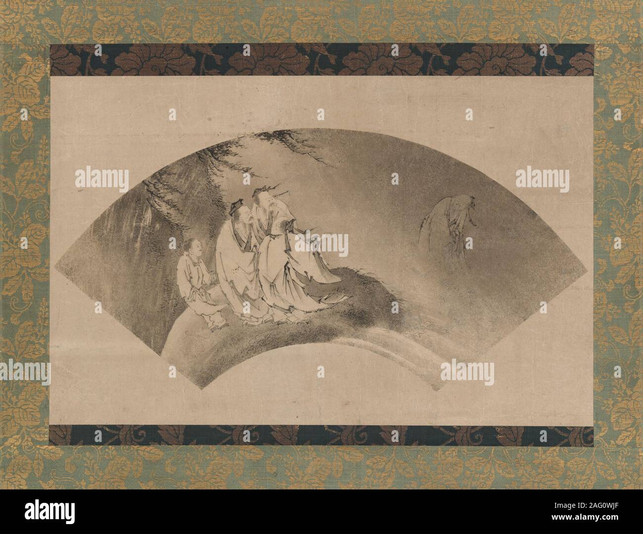 Resshi Fliegen auf einer Wolke, 16. Resshi (Chinesisch: liezi), dem legendären Daoistischen Salbei, wies alle weltlichen Bindungen und flog mit dem Wind. Hier, verschwindet er vor den Augen der Zuschauer in den dunklen Himmel. Modale Alben und für Lüfter Serie Gemälde waren eine gemeinsame Mittel, durch die Kano - Schule Maler angezeigt und übertragen ihre Kenntnisse der Song- und Yuan-dynastie Chinesische Malerei Stilrichtungen. Das schwache jar-förmige Dichtung in der linken Ecke mit einem identifiziert wie die von Kano Yukinobu. Stockfoto