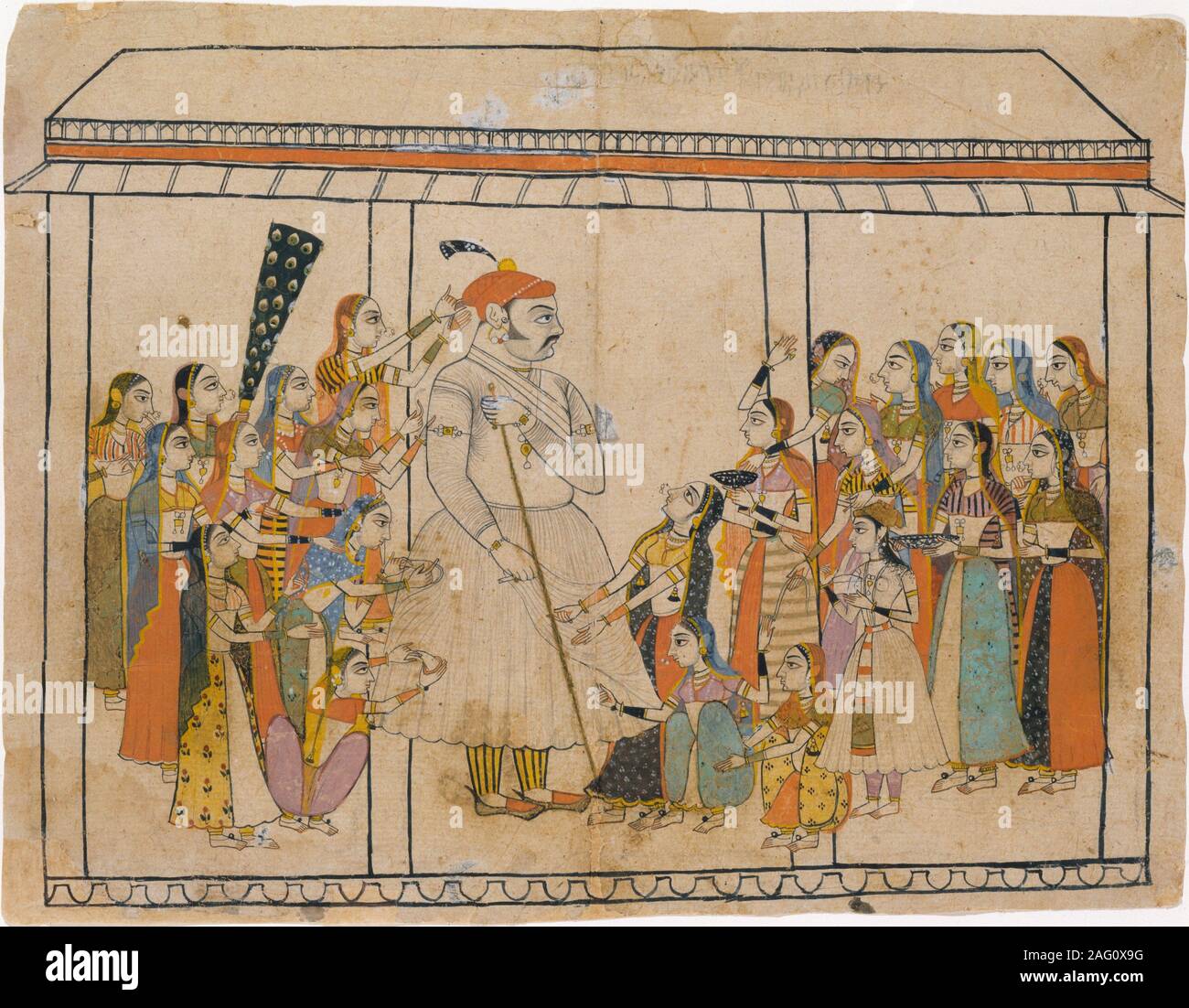 Maharaja Raj Singh durch seine Damen angebetet, Ca. 1710-20. Maharaja Raj Singh, im Maßstab enorme, wird durch die vergleichsweise winzigen Damen aus seinem Harem, die berühren und die Riegel Bänder an seiner Kleidung und halten Sie Geschenke für ihn verehrt. Stockfoto