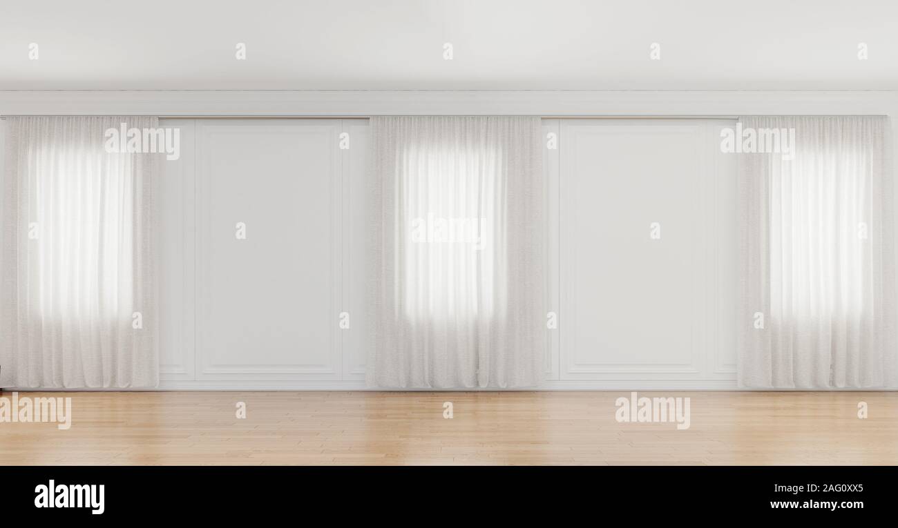Große leere White Apartment mit 3 Fenstern und keine Möbel, große Mock-up Platz, 3D-Rendering Stockfoto