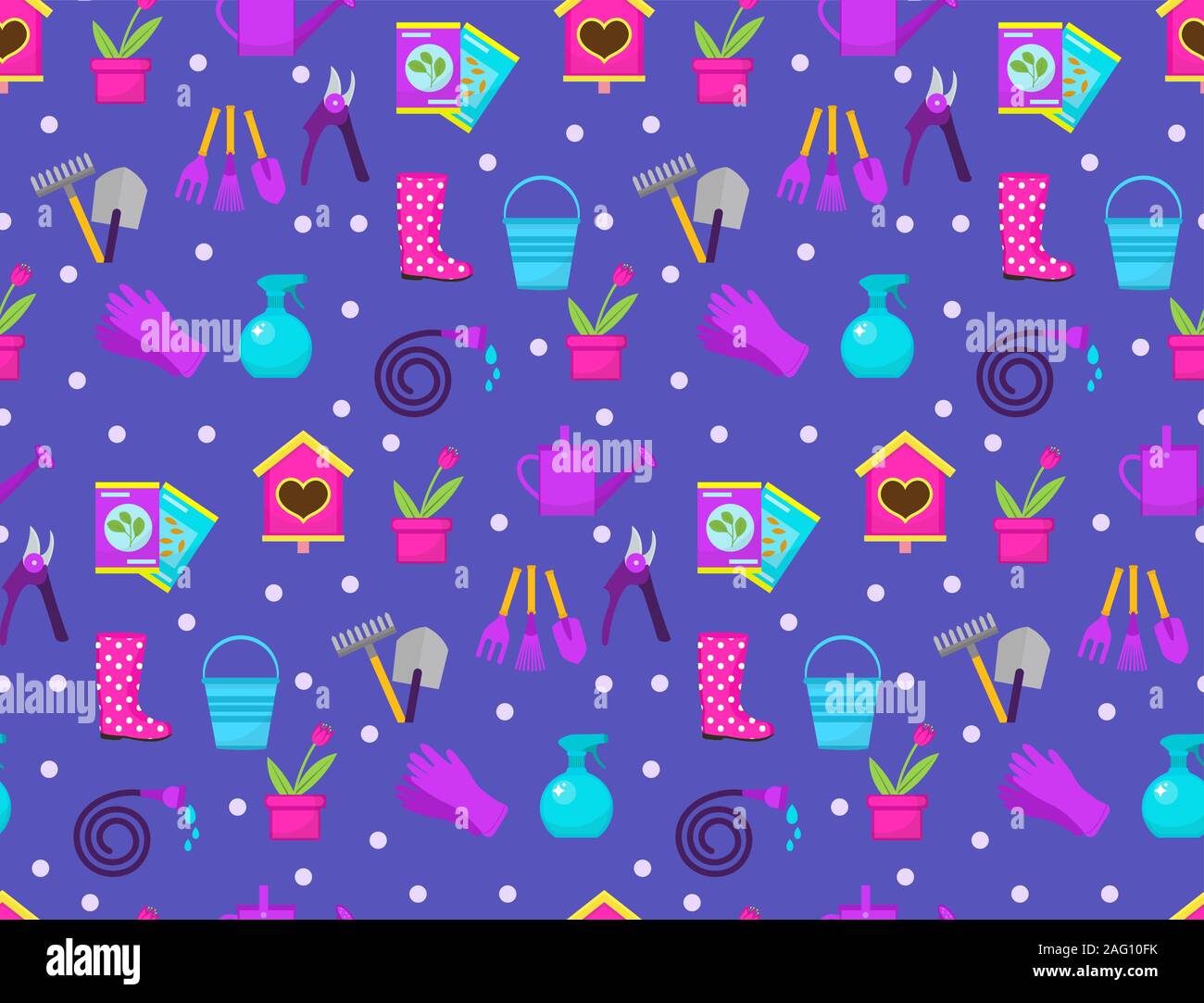 Gartenarbeit nahtlose Muster mit Garten Werkzeuge. Feder endlosen Kulisse. Gartenbau Textur, Tapeten. Süße Sommer Hintergrund. Vector Illustration Stock Vektor