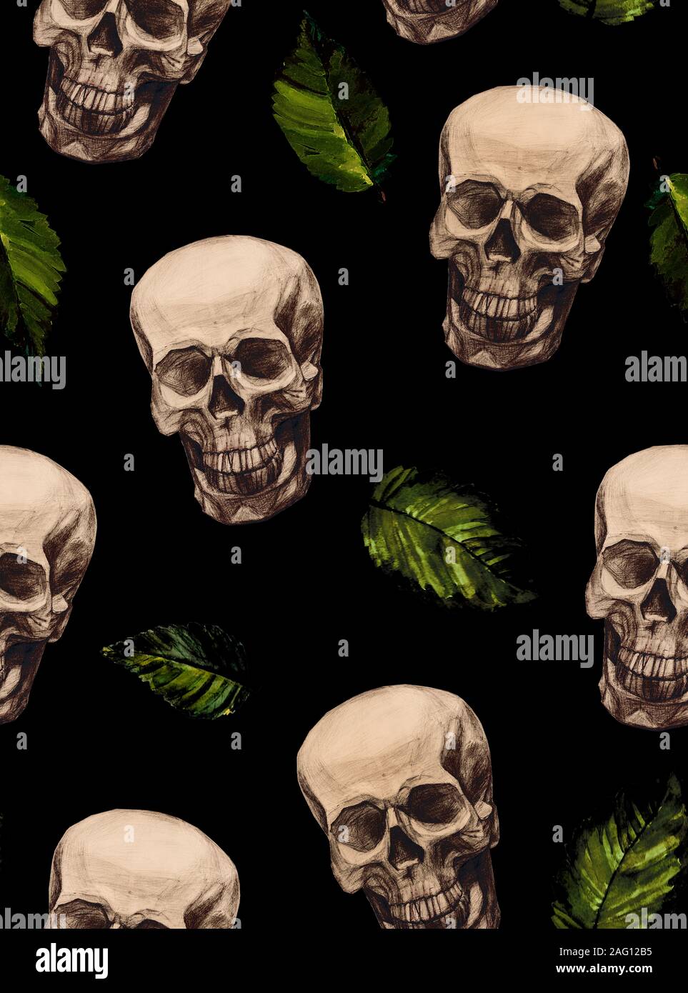 Schädel und grüne Blätter nahtlose Muster. Vintage gotischen menschlichen Schädeln auf schwarzem Hintergrund für Dia de Muertos, Tag der Toten, Kleidung, Stoff. Stockfoto