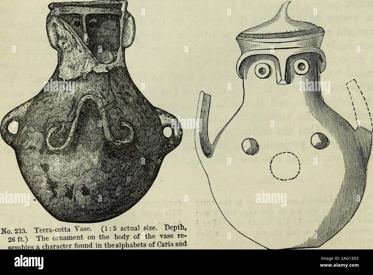 . Ilios: Die Stadt und Land der Trojaner: Die Ergebnisse der Forschungen und Entdeckungen auf der Website von Troja und der gesamten Troad in den Jahren 1871-72 -73-78-79, einschließlich einer Autobiographie des Autors. Nr. 232. Terrakotta Vase, mit Eulen Kopf, in denen waren eine tolle viele Gold Schmuck gefunden. (1:3 die tatsächliche Größe. Tiefe, 30 ft.) Die vase Nr. 233 ist auf beiden Seiten mit einem gebogenen ornamentin Form der zypriotische Charakter für Tio, oder des Zeichens, isfound in die Alphabete der Caria und Pamphylien, sowie m Hittiteinscriptions eingerichtet: Es hat zwei Griffe. Der Kopf wurde separat gefunden Stockfoto