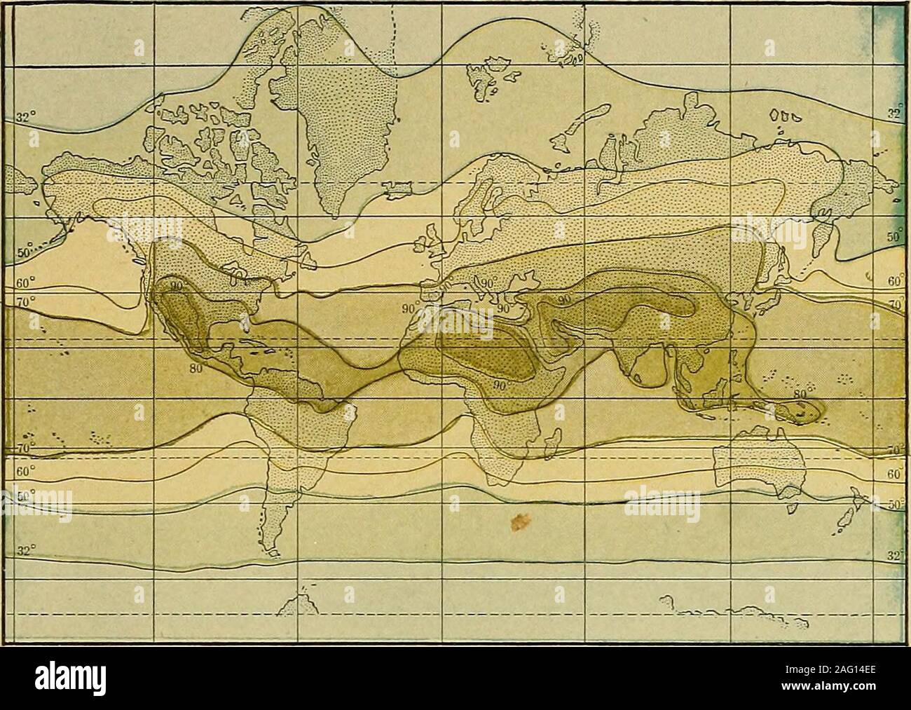 . Elementare physische Geographie;. otherms, ist es klüger, zwei Diagramme zu studieren, eine zeigt die Isothermen formidwinter, die andere für den Hochsommer. Die isotherme gemäßigten Zonen sind bequem limitedby die Zeilen von 21 °C (70 °F) und 0 °C (32 °F). Die summerlimit der nördlichen Zone erstreckt sich in arktischen Regionen; thewinter Limit an Land entspricht in etwa dem 40. Parallel, bulon das Meer es ist höher. In den Pazifik erreicht er parallel zur thesixtieth; im Atlantik, da die Drift der theGulf Stream, es dringt in die polaren Breiten. Extreme Klima. - Die isotherm von highesttemperature, Stockfoto