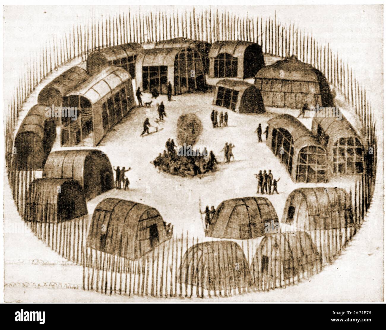 Eine frühe Zeichnung von Nordamerikanischen Wohnungen - eine Skizze der Geburtsstadt Pomeiock, auch bekannt als Pampticough, Pomouik, Pomeiok, Pomoui & Pamlico. Stockfoto