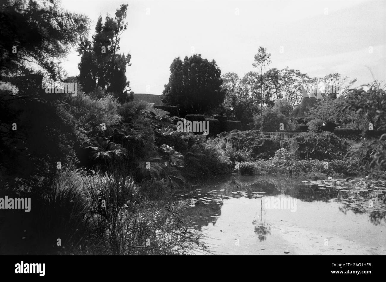 Blick über den Teich auf die oast Häuser in Christopher Lloyd's Garden am Großen Dixter, Ewhurst, East Sussex, UK. Schwarz und Weiss Stockfoto