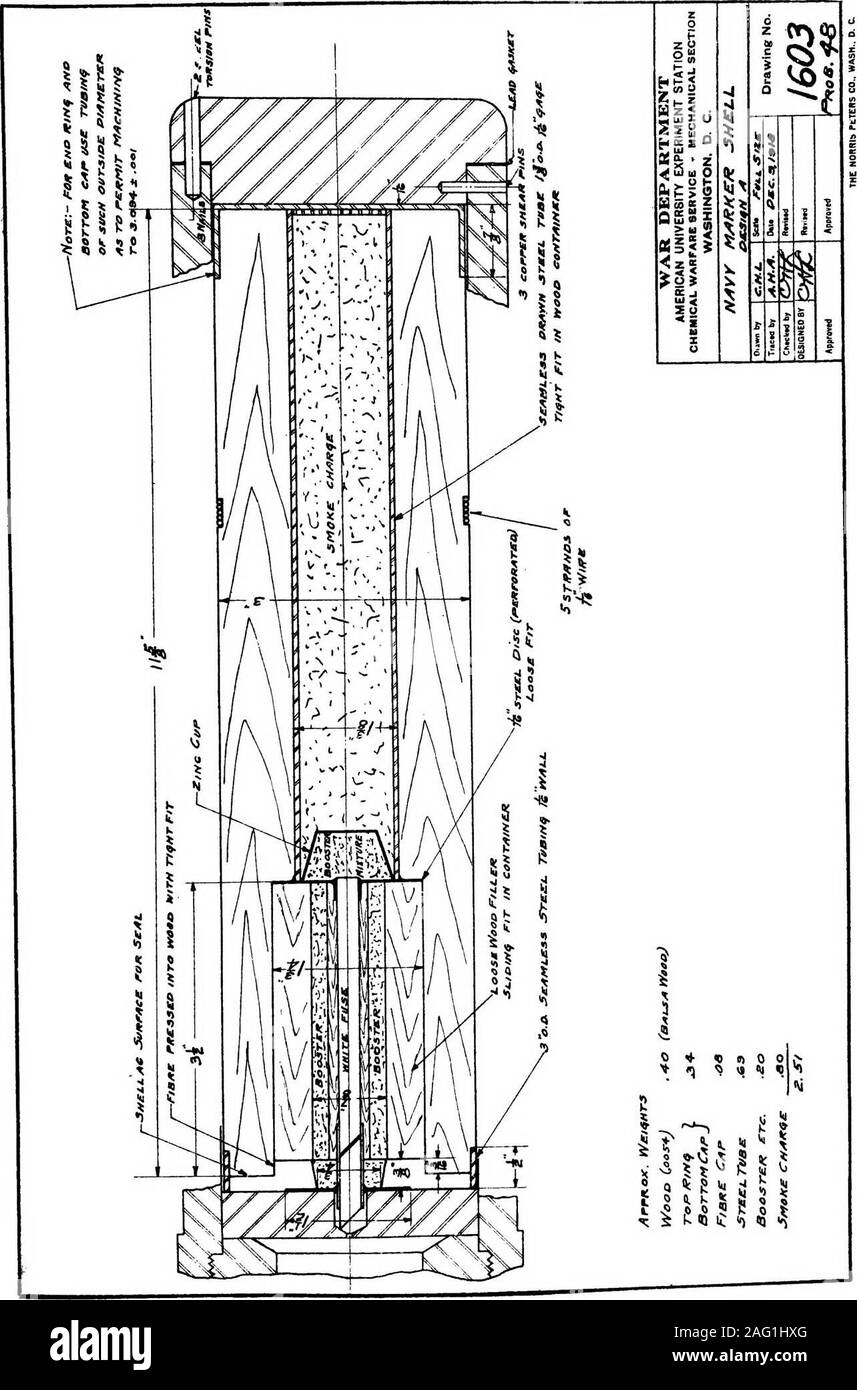 . Chemische Entwicklung Abschnitt [und] Mechanische Bereich Forschung und Entwicklung; Zusammenfassung der Ergebnisse, 1917/1918. tiie Berstfestigkeit ofthe Standard. Konferenz mit der Ordnance Department entwickelt, dass thekilwaukee Druck Stahlunternehmen die meisten verfügbaren Con-cern die Herstellung dieser Shell zu versuchen. Ein design wasmade auf und ein Mann geschickt die Angelegenheit mit drahtelement Sorge zu handhaben. Sie schlugen vor, verschiedene Modifikationen in thedesign, die Sie für Ihre Fertigung- bindungen anpassen würden. Wenn diese durchgeführt wurden, erklärten die shellscould zusammen mit ihrer Verordnung (EG) Nr. 1439/95 hergestellt werden Stockfoto