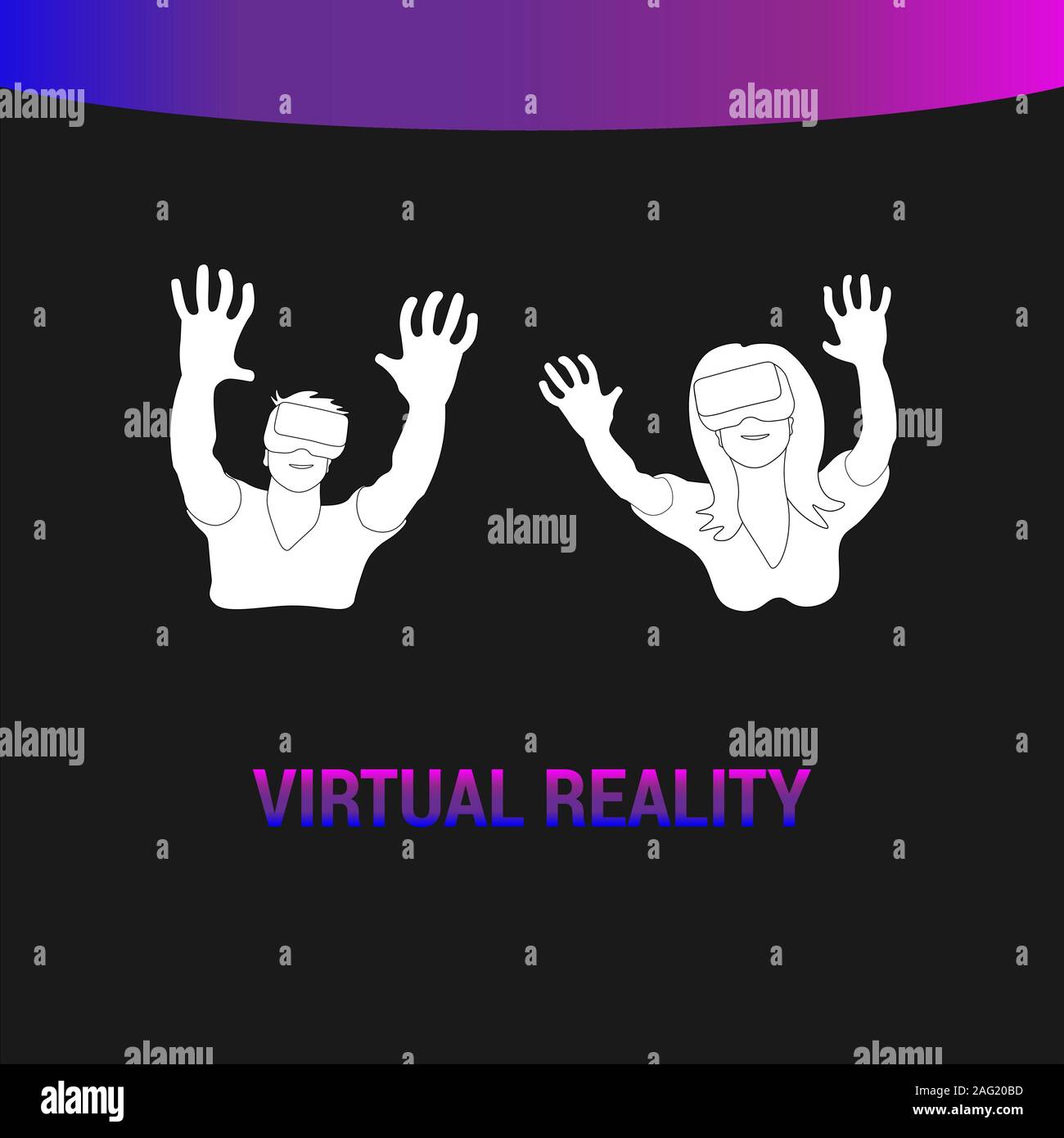 Virtuelle Realität: Frau und Mann mit VR-Headset. Schwarzer Umriss auf weißem Hintergrund. Bild kann in Grußkarten, Poster, Flyer, Banner, Logo verwendet werden, die weitere Gestaltung etc. Vector Illustration. EPS 10. Stock Vektor