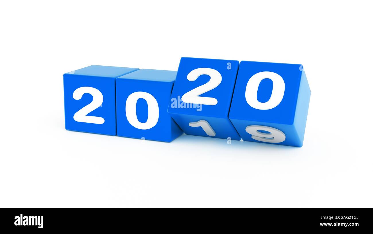 2020 Neue Jahr ändern, drehen. 2020 Anfang 2019 Ende, Würfel isoliert gegen den weißen Hintergrund. 3D-Darstellung Stockfoto