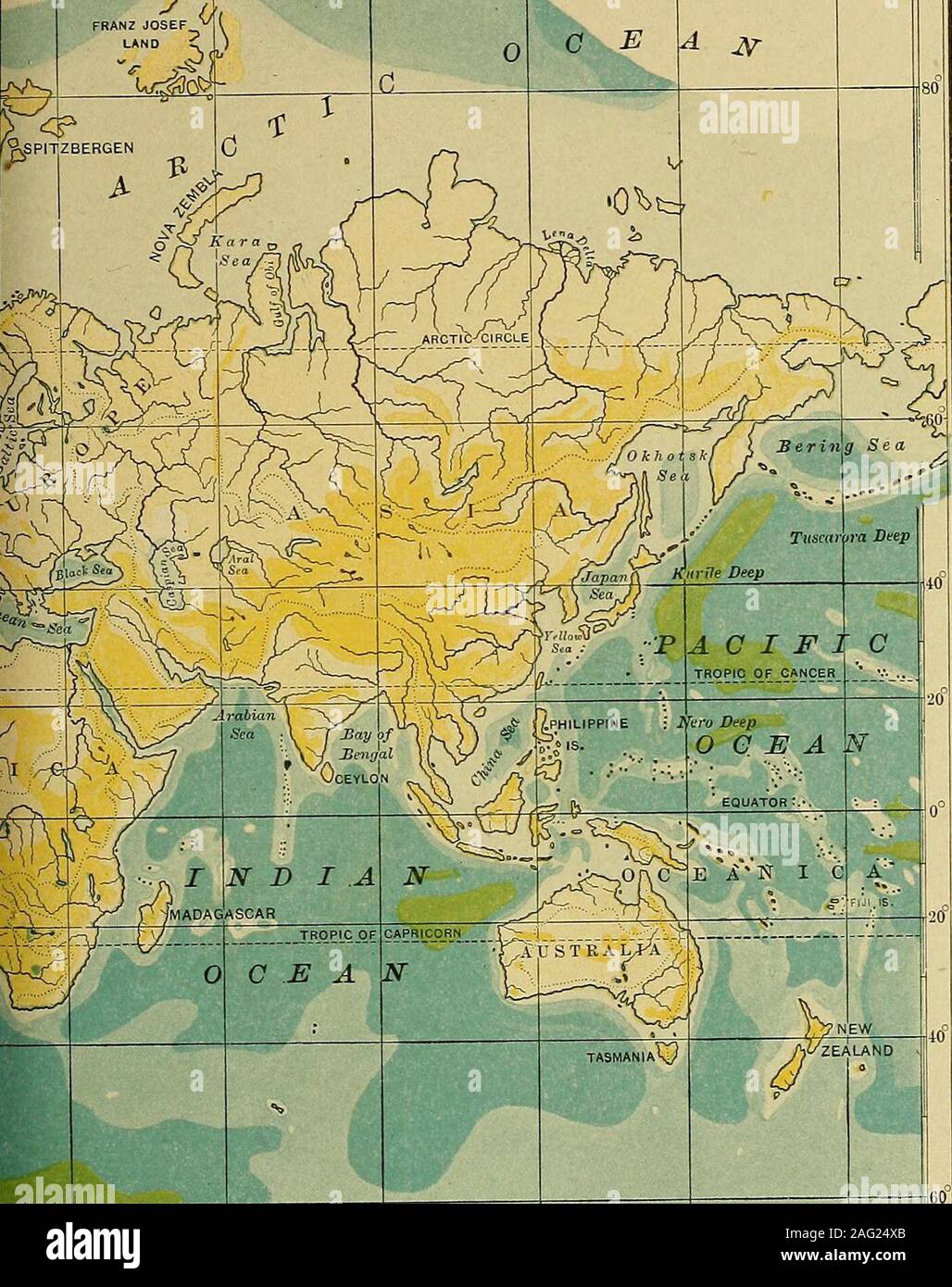 . Elementare physische Geographie;. 0° Längengrad 90° östlich von Greenwich 120° 150°. n "F DIE AVORLD andTH showingGHT LAND VON WASSER 0 bis 3,0003,000 zu 12,00012,000 bis 18.000 über 18.000 ANTARi. OCEA TIC N 30 Längengrad 80° östlich von Greenwich 120° 150° 46 physische Geographie Abteilung. Europa und Asien sind auch aufgerufen, Kontinenten, aber die realboundary zwischen ihnen ist die Wüste, Hochland, dass trennt westernfrom orientalische Zivilisation. Physikalisch ist es besser, Eurasien asa Ganze zu behandeln. Politisch und historisch die beiden Divisionen sind am besten con als getrennt. Der Teil von Afrika nördlich des Sah Stockfoto