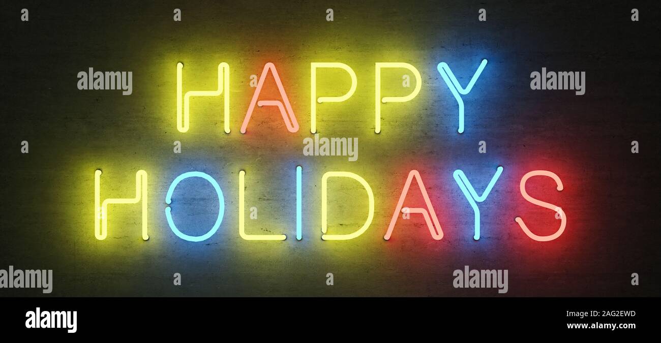 Farbige Leuchtreklame, happy holidays, Mock-up mit zentrierter Text, 3D-Rendering, 3D-Darstellung Stockfoto