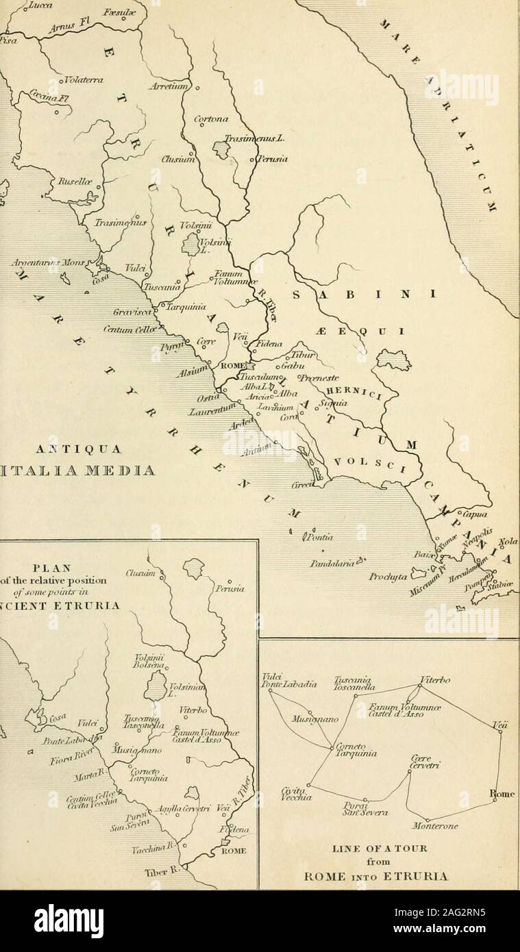 . Tour zu den Gräbern von Etruria, 1839. Apitel IV. TARQUINIA. Dies haben wir als die Interessantesten portionof Unsere etruskischen Wallfahrt, für die neben Tarquiniasclaim aufmerksam gemacht haben, die Hauptstadt von originalEtruria, war es in unserer Erinnerung mit Themost aufregende Zeit der frühen römischen Geschichte identifiziert. Weare informiert von Livius, dass Rom empfangen fromTarqninia ein Rennen der mächtige Könige und wurde in - debted Ihnen und Ihrer etruskischen Mutter countryfor Viele der Künste der Verfeinerung, Abzeichen ofmagnificence, erhebliche Verbesserungen und ritesof Religion, die trugen bis h Bauen Stockfoto