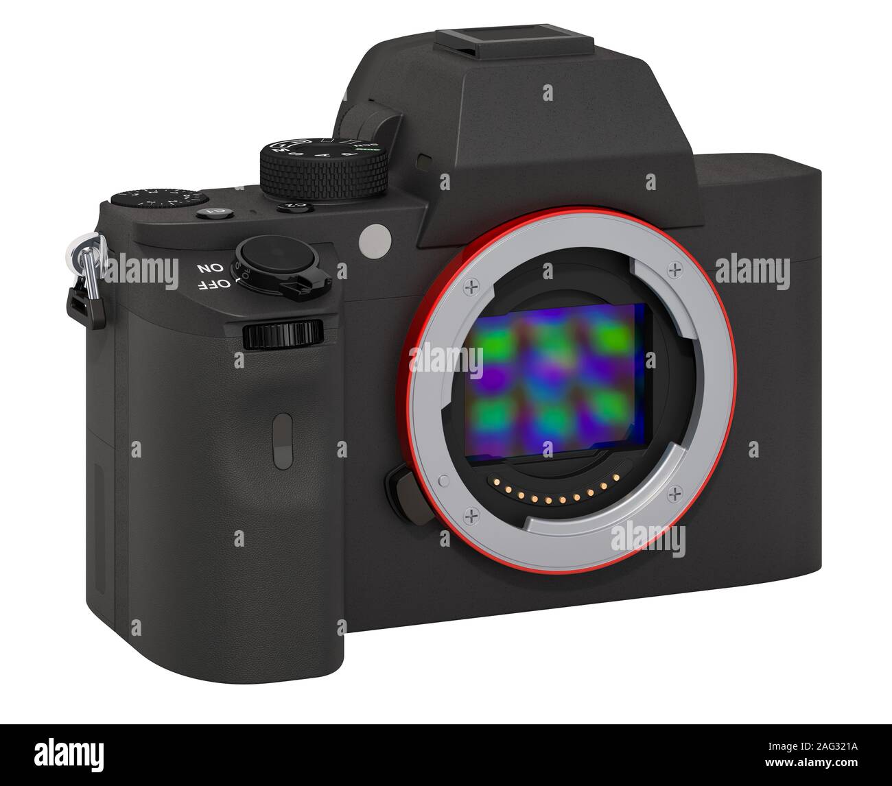 Full Frame spiegellosen Digitalkameras mit austauschbarem Objektiv, Körper. 3D-Rendering auf weißem Hintergrund Stockfoto