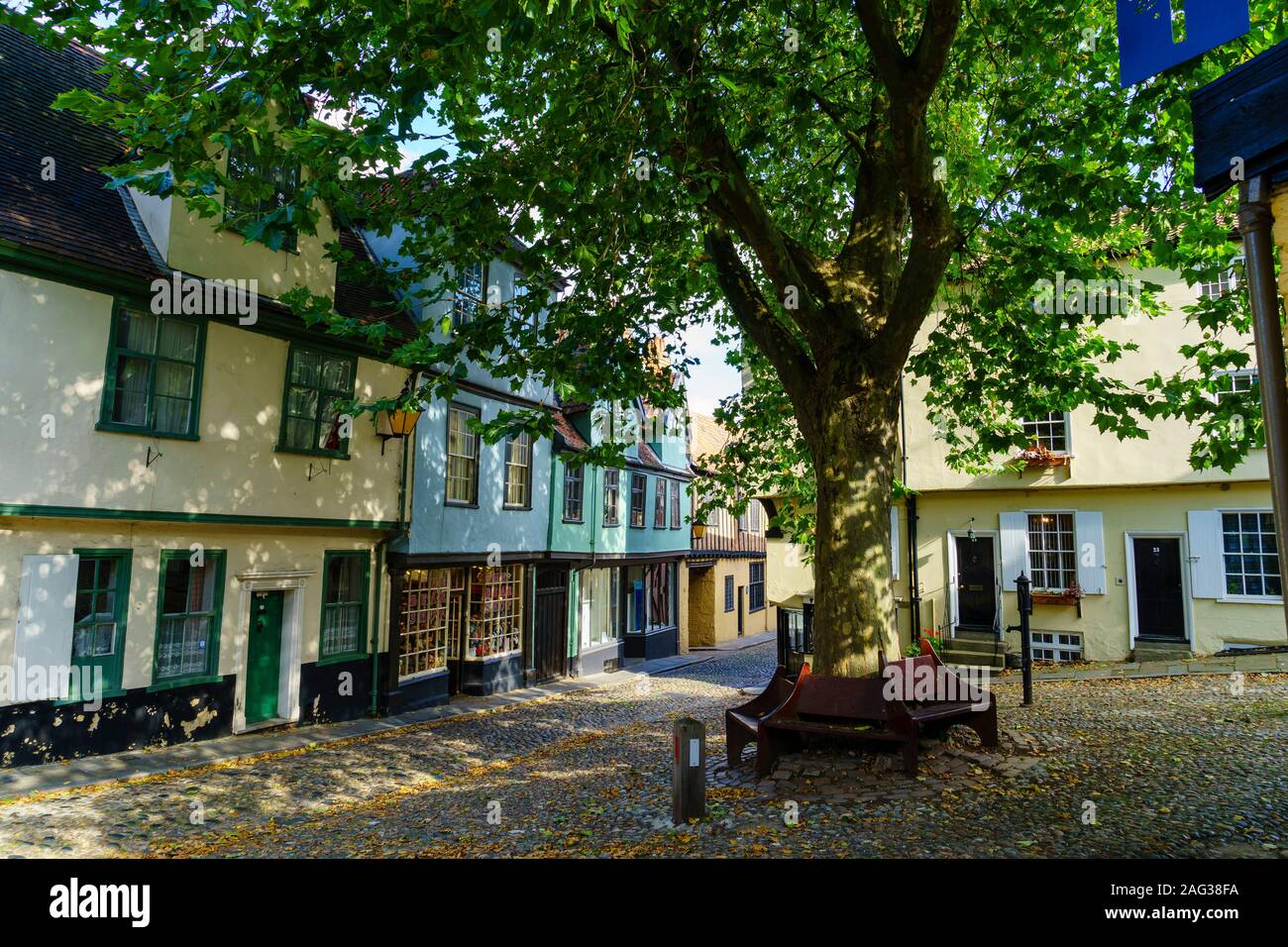 Die alten gepflasterten Straße von Elm Hill, Norwich, Norfolk, England, Großbritannien Stockfoto