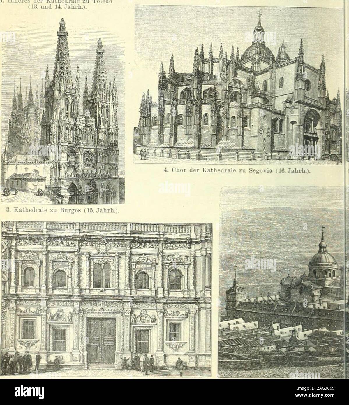 . Brockhaus' Konversations-Lexikon. 1. Inneres der Katheilrale za Toledo (13. Nnd 14. Jahrb.). 2. Madrid CWestansiflit königliolies Schlofs ZA 1737-64 nach Plänen von Juvaras Saoohetti erbaut, nach dem Bran. 7. Rathaus zu Sevilla (Euv der Fa^ ade, 16. Jahrb.). 8. Escorial, 1563-84 von J Brockbaug Koaversations-Lexikon. 14. Neubearb. ] KUKST. II. Stockfoto