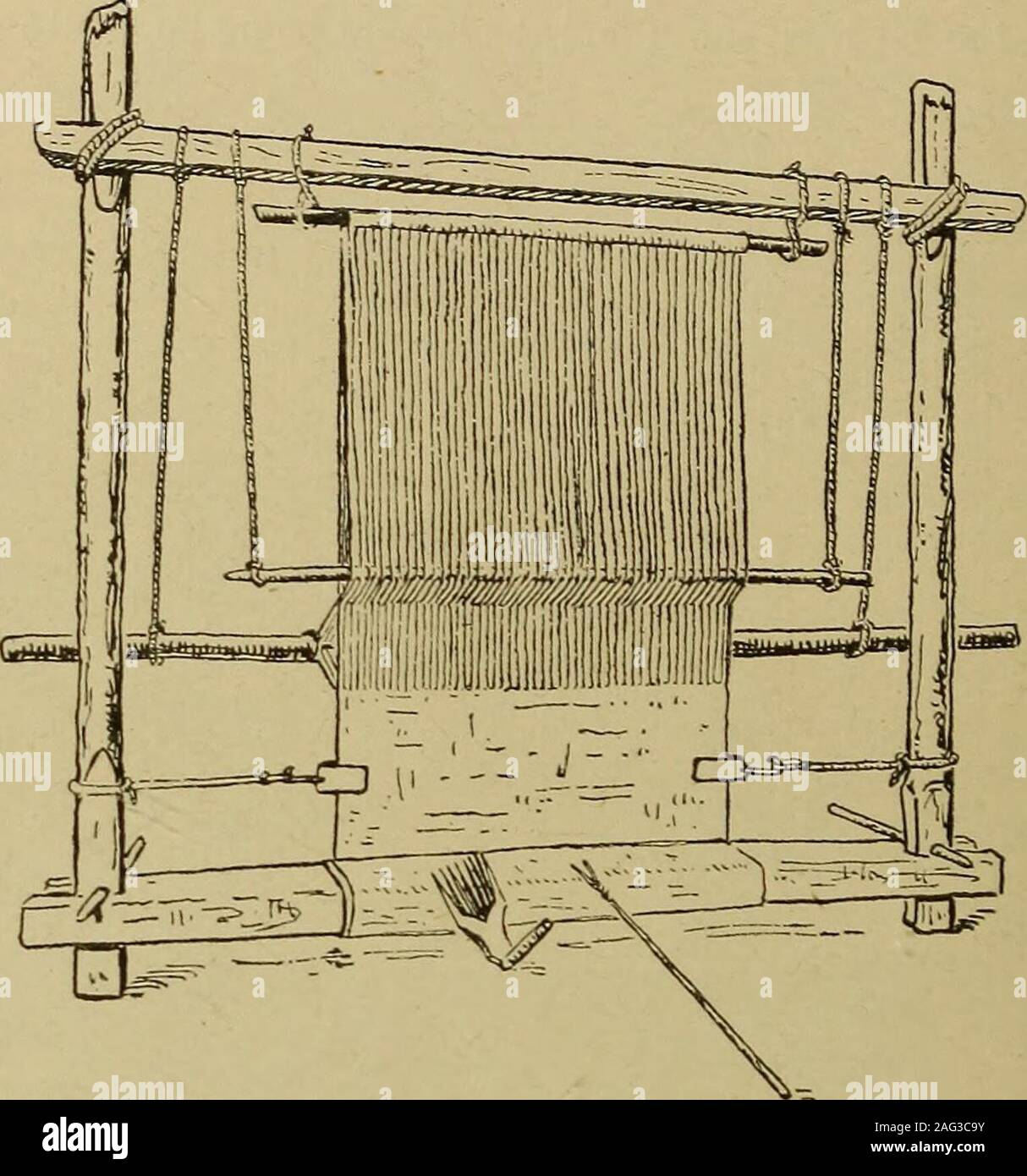 Studien in primitiven Webstühle. Kommen Sie in die vertikale Baumwolle  Webstuhl und Tücher sind schlicht und Muster gewebt. Die Abbildung, Abb.  91, gibt itschief Merkmale, wie es am heutigen Tag gesehen