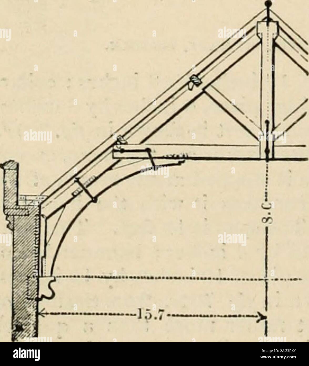 . Eine Enzyklopädie der Architektur, historische, theoretische und praktische. Neue Ed., Rev., Teile neu geschrieben und mit Ergänzungen von Wyatt Papworth. ibed asusually bestehend aus starken Hölzern, die Beantwortung tlie pur-jiose der wichtigsten Dachsparren, legte an jedem Ende auf Platten, der unteren Platte an der Außenwand, der oberen oneeither unterstützt auf Konsolen Projizieren von tlie navewall, oder darin eingefügt. Wall-Stücke sind tenoned Indie obere und untere Extremitäten der Prinzipale, andcurved Klammern von den Füßen von Th entspringen. ese inder Mitte des Auftraggebers erfüllen, Landwirtschaft einen perfekten Bogen, havin Stockfoto