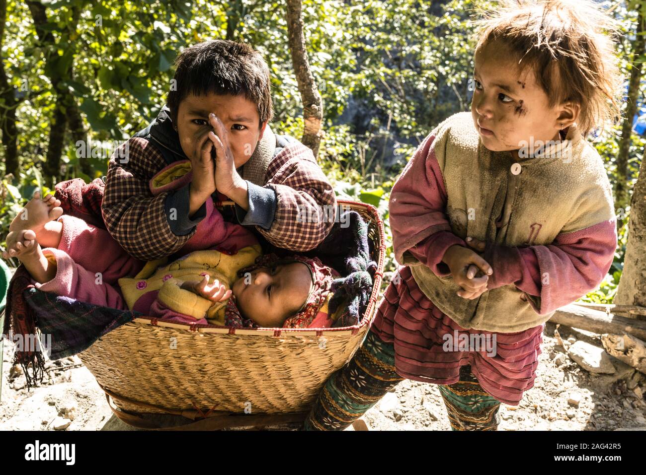 JAGAT, Nepal - Nov 16, 2016: Dieses Foto aufgenommen wurde, während ich den Manaslu Trekking Rundweg war, sehen Sie alle über Nepal Kinder kümmert sich um die sibli Stockfoto