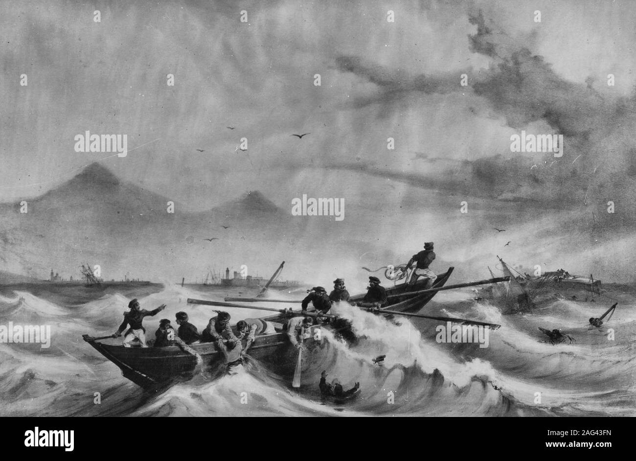 Verlust der USS Somers, 8. Dezember 1846 - Lithographie von A. Mayer, Paris, zeigt eine whaleboat Crew von der Französischen Marine brig Le Mercure Rettung von Überlebenden der Gekentert Somers, Vera Cruz, Mexiko. Somers ist in der rechten Hintergrund sichtbar, auf ihrem Strahl endet. Stockfoto