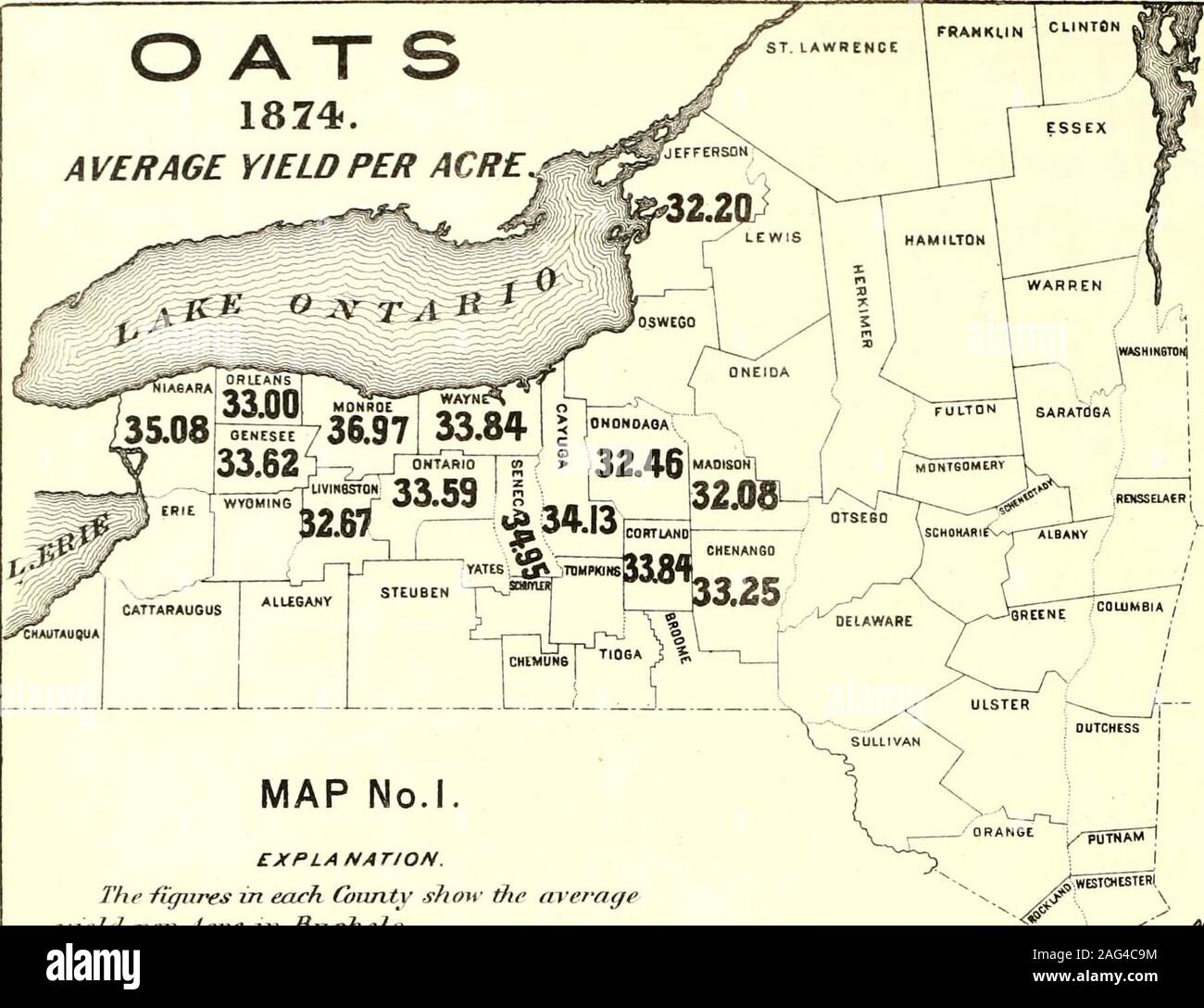 . Volkszählung des Staates New York für 1875. Karte S. O S 1874. Der durchschnittliche Ertrag pro Acre. O S 1814. Der durchschnittliche Ertrag pro Acre.  ^ Grafschaften. ^ Durchschnittliche Monroe. 36,97 Niagara, 2 35.08 Seneca, Cayuga, 4 3 34,95 34,13 Wayne, 5 55.00 Cortland, 6 7 33,62 33,84 Genesee, Ontario, 8 9 33,25 33,59 Chenango, Orleans, 10 33.00 Könige, 11 12 32,67 32,92 Livingston, Onondaga, 13 32,46 32,20 Madlsoii Jeffersori, 14, 15 32.08 Karte Nr. I. Erklärung. Die-fupires in jeder Grafschaft zeigen die durchschnittlichen ^-^" - ieldjjer icre in Mrd. sh el. w. Karte 2 fo./. Enthält die 15 Grafschaften in whichtixe durchschnittliche Ertrag am größten ist. AfupIXb. 2..th Stockfoto