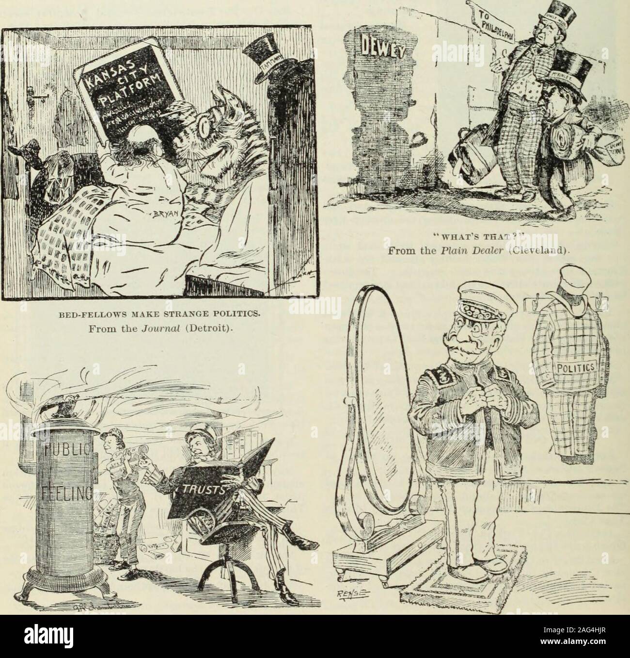 . Überprüfung der Bewertungen und der Welt arbeiten. TheMKINlEY TheDEwLY ThLROOSEVELT das BRYAN FÜHRENDEN FALLEN STILE FÜR 1900.- FroDtt die Brooklyn Eagle (New York). Hallo, Bill: das Licht, die Hitze nicht, ICH WILL. Von der Brooklyn Eagle (New York). Der Admiral: Die meisten jeder sagt, dieser Anzug beston mir aussieht. - Vom Pionier Presse (St. Paul). Aktuelle Geschichte in der Karikatur. G67 Stockfoto