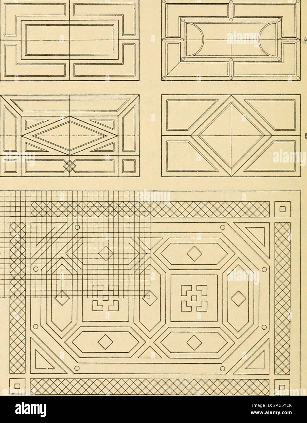 . Handbuch der Ornament; eine Grammatik der modernen, industriellen und architektonischen Gestaltung in allen Branchen, für praktische sowie theoretische verwenden. h ungleichen Seiten. TheParallel Trapez hat zwei parallele Seiten, die ungleich sind und twoequal Seiten, die nicht parallel sind (PI. 17, Abb. 5 bis 8). Die Sym- trische Trapez hat zwei Paare benachbarter gleichen Seiten (PI. 17, Abb. 9 und 10). Alle anderen unregelmäßigen 4-seitig geradlinige Abbildung isa Trapez. Einige passende Unterteilungen sind auf Platte 17. Konkrete Anweisungen für die TRAPEZFÖRMIGE kaum gegeben werden kann; seine sub-division ist selten einfach und variiert, w Stockfoto