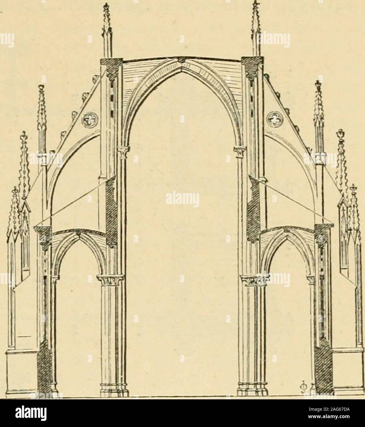 . Eine Enzyklopädie der Architektur, historische, theoretische und praktische. Neue Ed., Rev., Teile neu geschrieben und mit Ergänzungen von Wyatt Papworth. T-g%S7,.ri.OK catiieiii; ai,, Iiai. bekstadt CllAl. Iv. POINTKD. 247. SECTIUN OK CATin; l) HAL, ICH 1 A1. BI: 1:.&gt; TAT 1 T. Kirchenschiff und östlichen chanctl wurden in IiGi begonnen, und tinislied in 1317. Tlie vesti. rn chr. ncel, heute eine Ruine, I4:&gt geweiht; 9. Die Gesamtlänge der Kirche, einschließlich des twochiincels, 268 ft. ; Wliereof die westernciiancLl, deren Breite ist 46 ft, 92 ft. Das Schiff ist 102 ft. in lenj^ Th, und itsbreadth86, tliat Brea Stockfoto