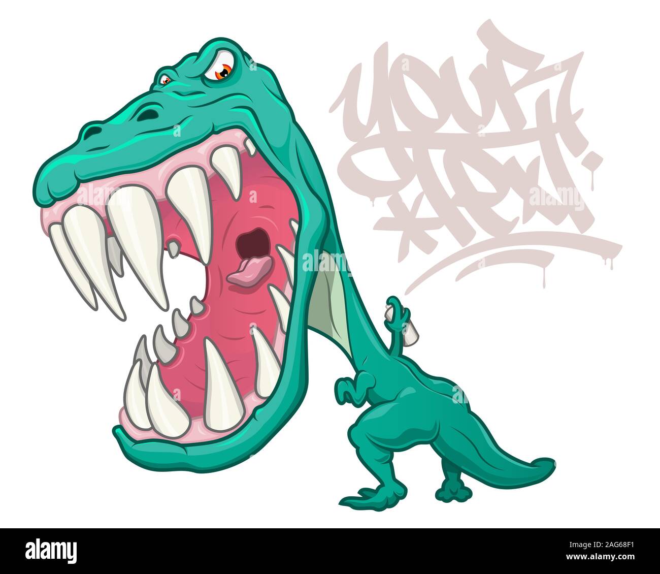 Eine verärgerte Tyrannosaurus rex brüllend und Schreiben von Graffiti im Comic-stil. Auf weiß mit Platz für die Platzierung von Text isoliert. Stock Vektor