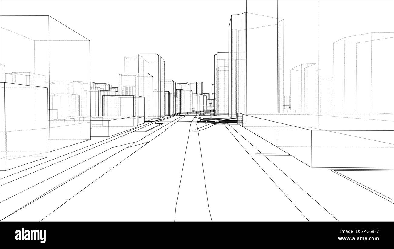 Eine schematische Zeichnung oder Skizze eines 3D-Stadt mit Gebäuden und Straßen. Umrisse Stil. 3D-Illustration Vektor. Bauindustrie Konzept Stock Vektor