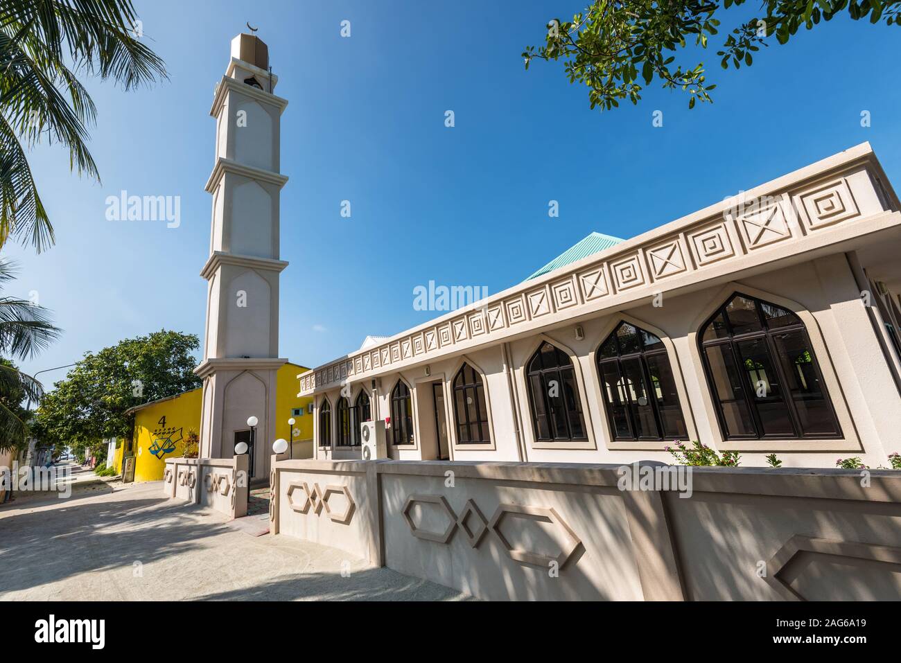 Huraa, Malediven - November 19, 2017: Die Moschee auf der Insel Huraa in der Malediven, Nord Male Atoll, Indischer Ozean. Stockfoto