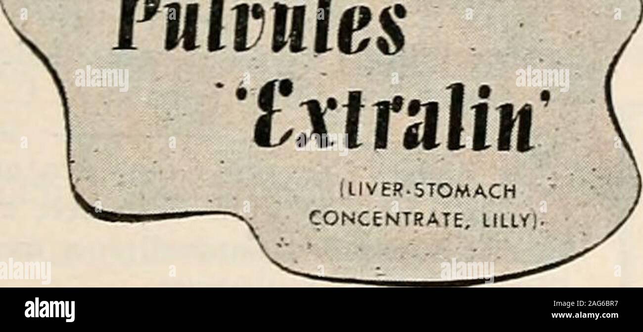 . Südliche Medizin und Chirurgie [Serial]. PulvulesTxtrnlin. Für die orale Behandlung ofPernicious Anämie • Die Vorteile von Extralinin der Behandlung einer diseasewhere Medikamente müssen- tinued während der gesamten Lebensdauer des Thepatient offensichtlich sind. Der thera-peutic Effizienz in Bezug aufden Größe der Dosis wird größer Die Antianämika; Potenz der ExtralinIs gewährleistet durch eine sorgfältige klinische Kontrolle als die mündliche Vorbereitungen allein ofliver. Die andagreeable administrationin Kapseln ist bequem für den Patienten. Der Eachlot adequatelystandardized Extralin ist durch Nutzung in actualcases einer perniziösen Anämie. Stockfoto