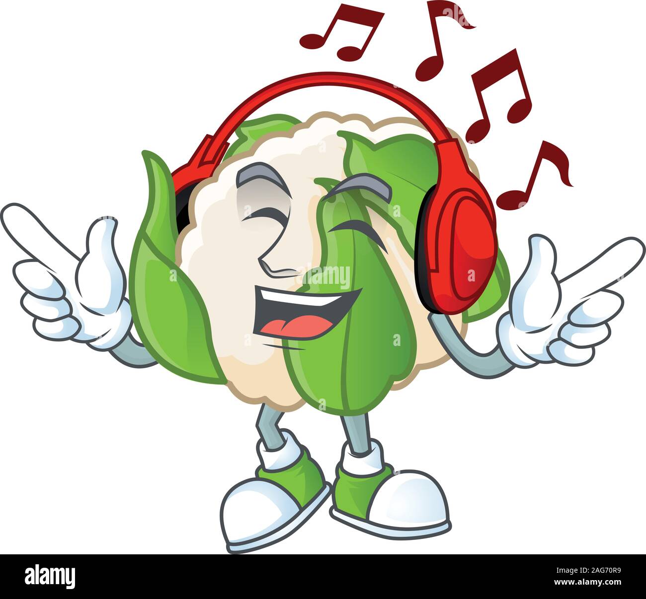 Gesang und Musik hören Blumenkohl Zeichentrickfigur Stock Vektor