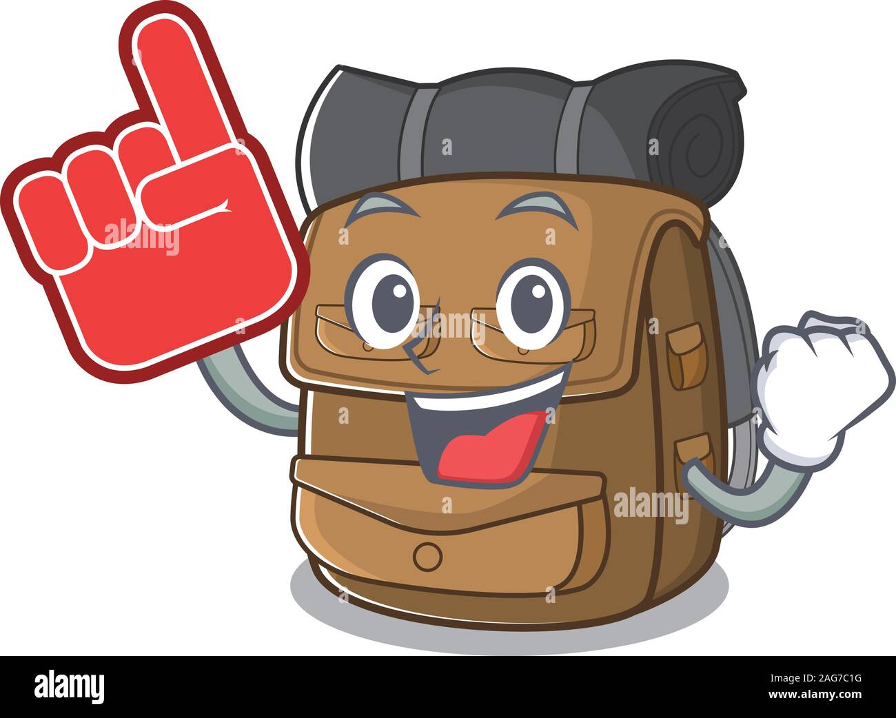 Wanderrucksack Blättern Maskottchen Cartoon Stil mit Schaum Finger Stock Vektor