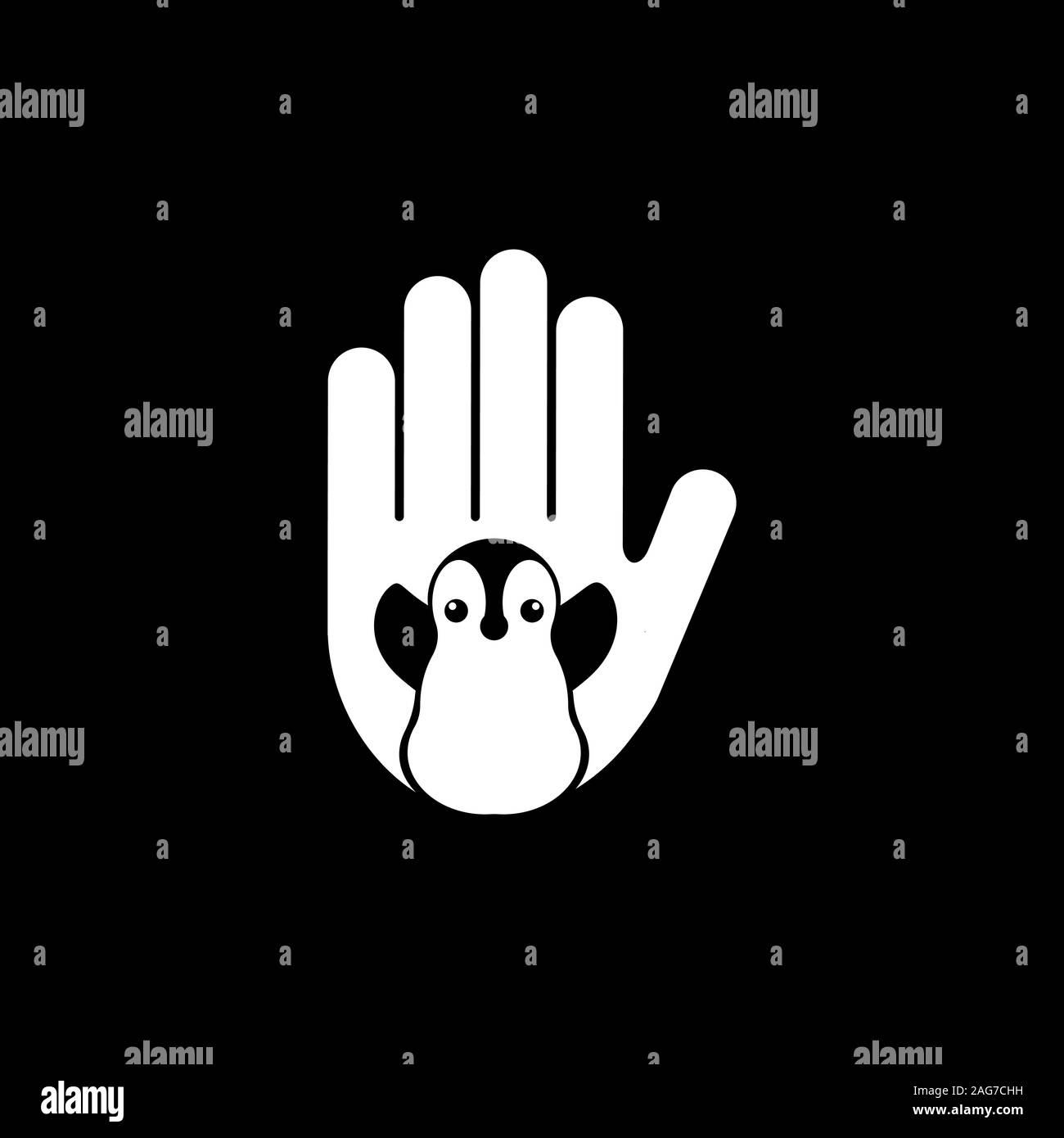 Isolierte schwarze und weiße Pinguin in der hand Vektor Logo. Speichern wild ausgestorbene Tiere. Welt pinguin Tag. Freiwilligenarbeit unterzeichnen. Kinder Schriftzug. Tierwelt Stock Vektor