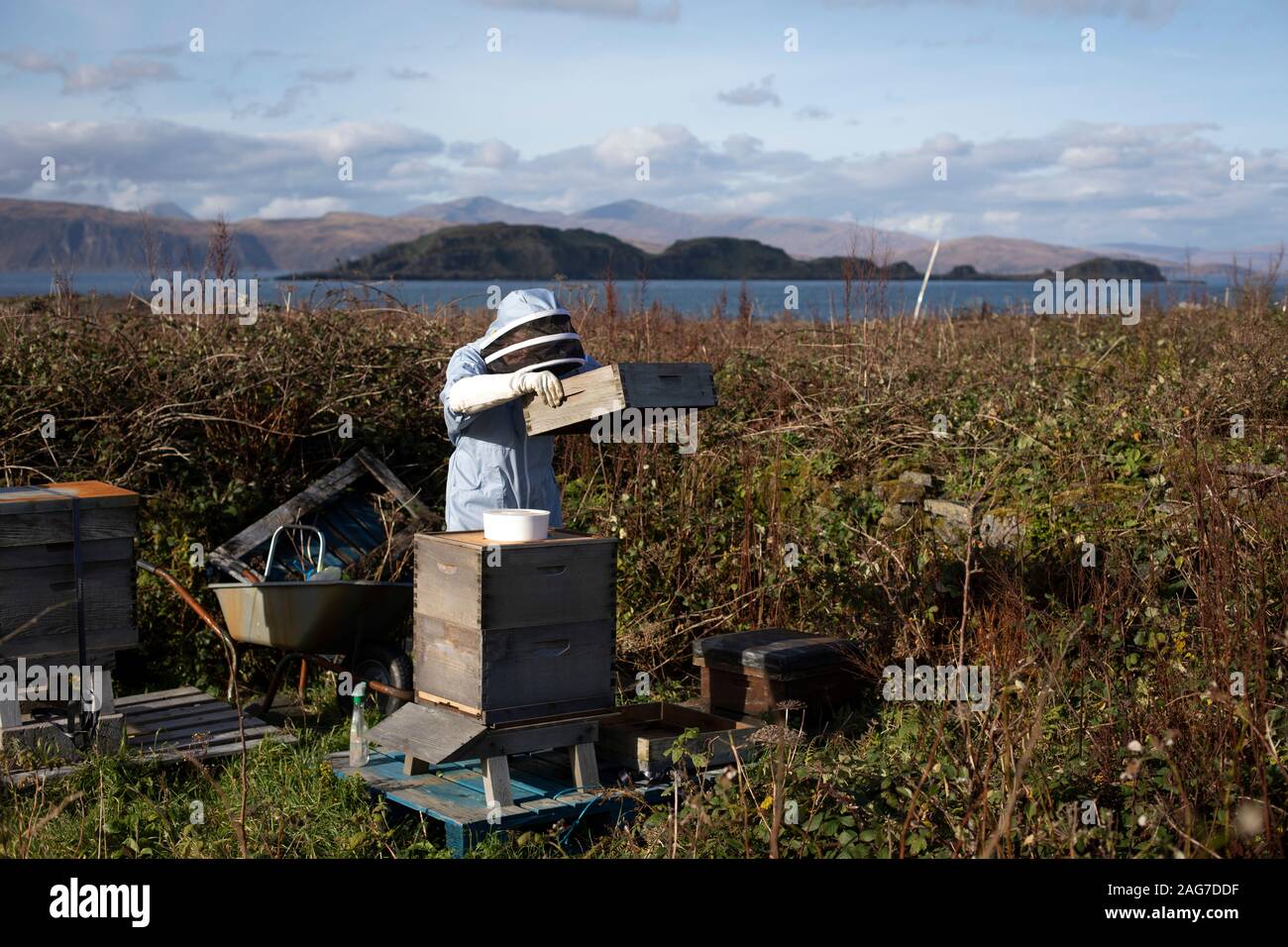 Easdale war Schottland's kleinste dauerhaft - Innere Hebriden Insel mit einer ständigen Bevölkerung von rund 60 Personen im Jahr 2019 bewohnt. Die Insel ist autofrei und die über die benachbarte Insel Seil von einem Passagier Fähre. Es war der Ort der jährlichen Welt Stein Skimming Weltmeisterschaften, die jedes Jahr im September in einem der überschwemmten ehemalige Steinbrüche auf der Insel abgehalten wurde. Stockfoto