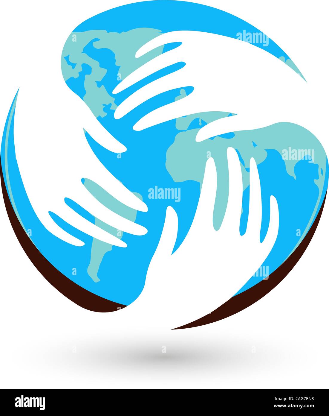 Isolierte Blauer runder Vektor Logo. Die globale Kommunikation. Hilfsbereite Menschen. Weiße Hände. Barmherzigkeit unterzeichnen. Flüchtlingslager Emblem. Rund um die Welt. Blue Earth Stock Vektor