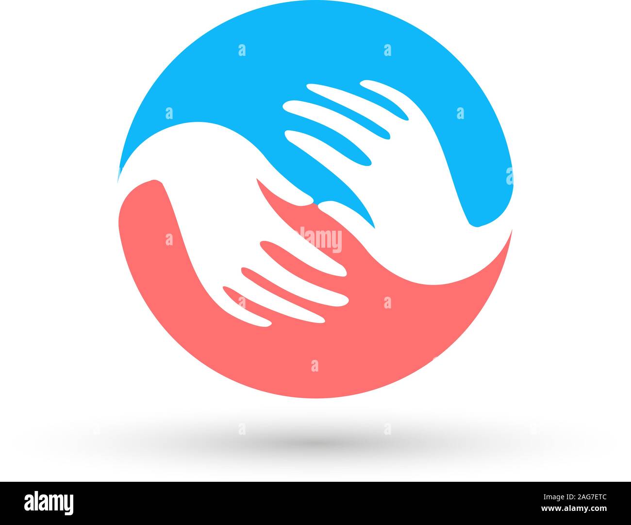 Isolierte Blau und Rosa runde Vektor Logo. Globale Kommunikation. hilfsbereite Menschen. weiße Hände. Barmherzigkeit unterzeichnen. Flüchtlingslager Emblem. Um die Welt. Blue Earth Stock Vektor