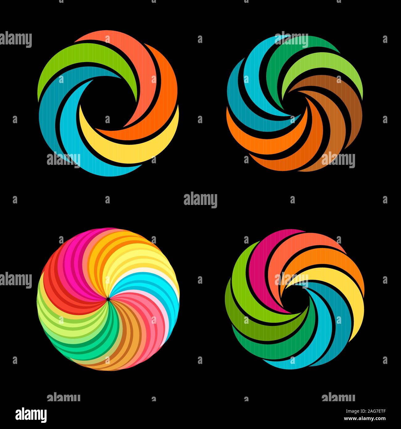 Abstract vector Spirale tornado Set von Logos. Die Sammlung von Foto Zeichen. Bunte Grafik Blumen. Sommer Sonne Bilder. Geschnittenes Obst. Warm Stock Vektor