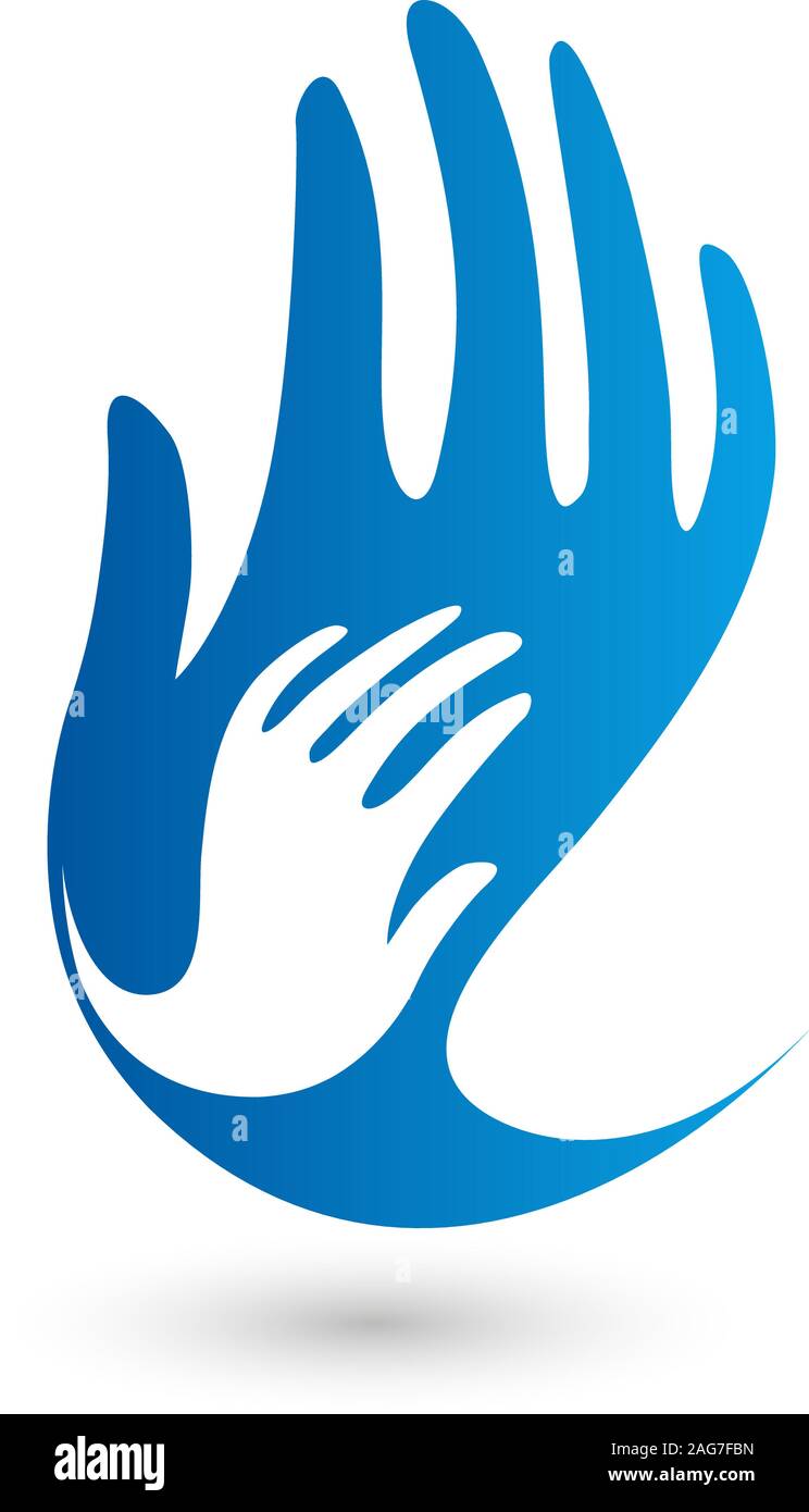 Isolierte blaue und weiße Vektor Hände Logo. Mothercare unterzeichnen. Waisenhaus Emblem. Fürsorgliche Eltern. Kindliche Hand. Annahme durch das Kind. Holen. Unterstützung Stock Vektor