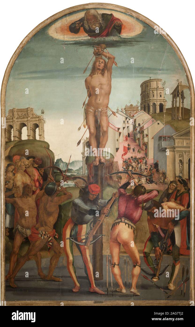 Das Martyrium des Heiligen Sebastian, ca 1498. In der Sammlung der Pinacoteca Comunale, Citt Gefunden&#xe0; di Castello. Stockfoto