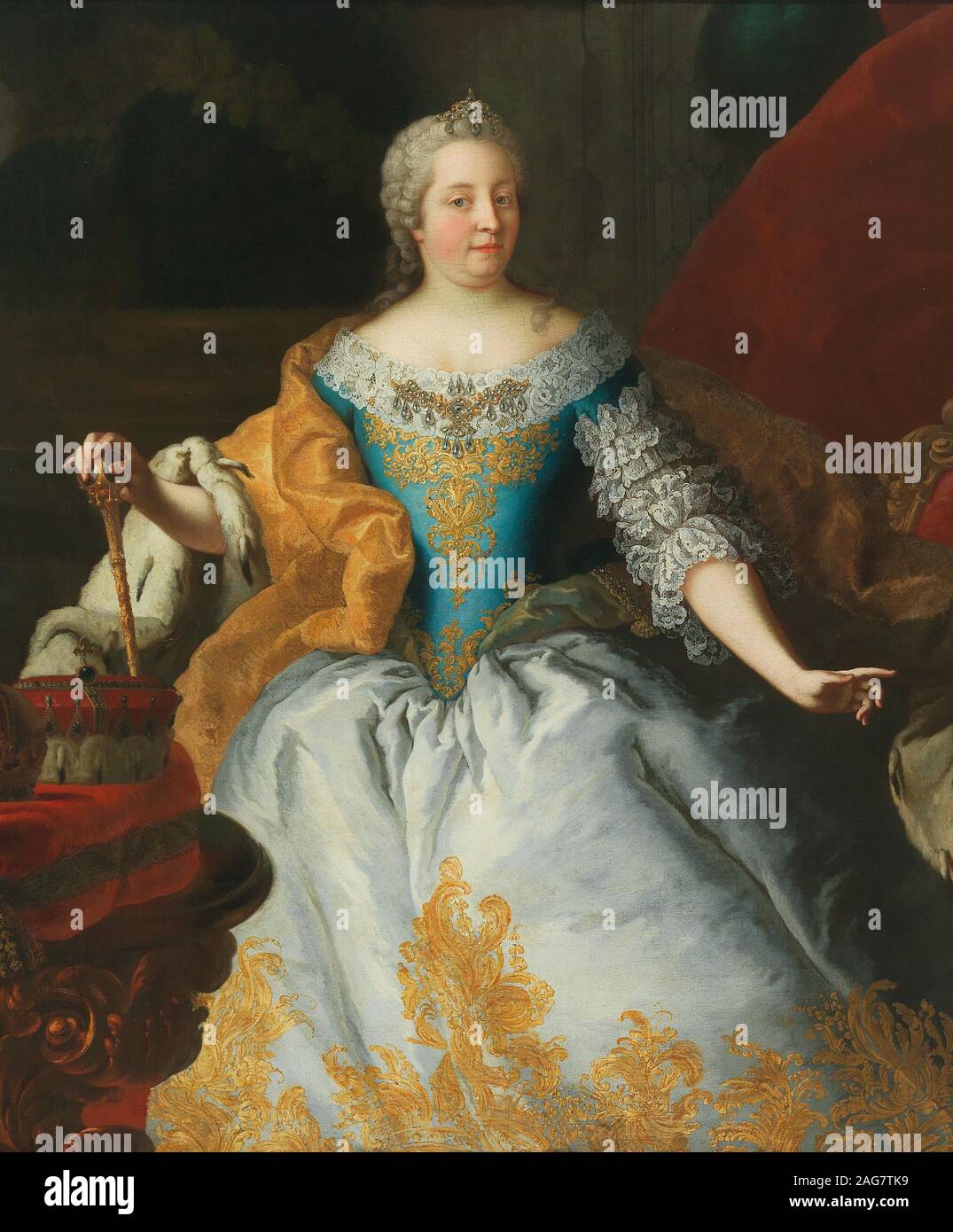Porträt von Kaiserin Maria Theresia (1717-1780), Königin von Ungarn und Böhmen, die Böhmische Krone und die archducal Krone. Private Sammlung. Stockfoto