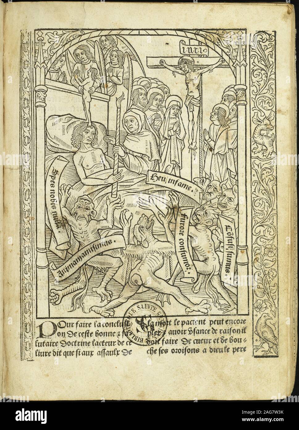 Ars moriendi (Die Kunst des Sterbens), 1496. In der Sammlung der Biblioth Gefunden&#xe8; que Sainte-Genevi&#xe8;ve, Paris. Stockfoto